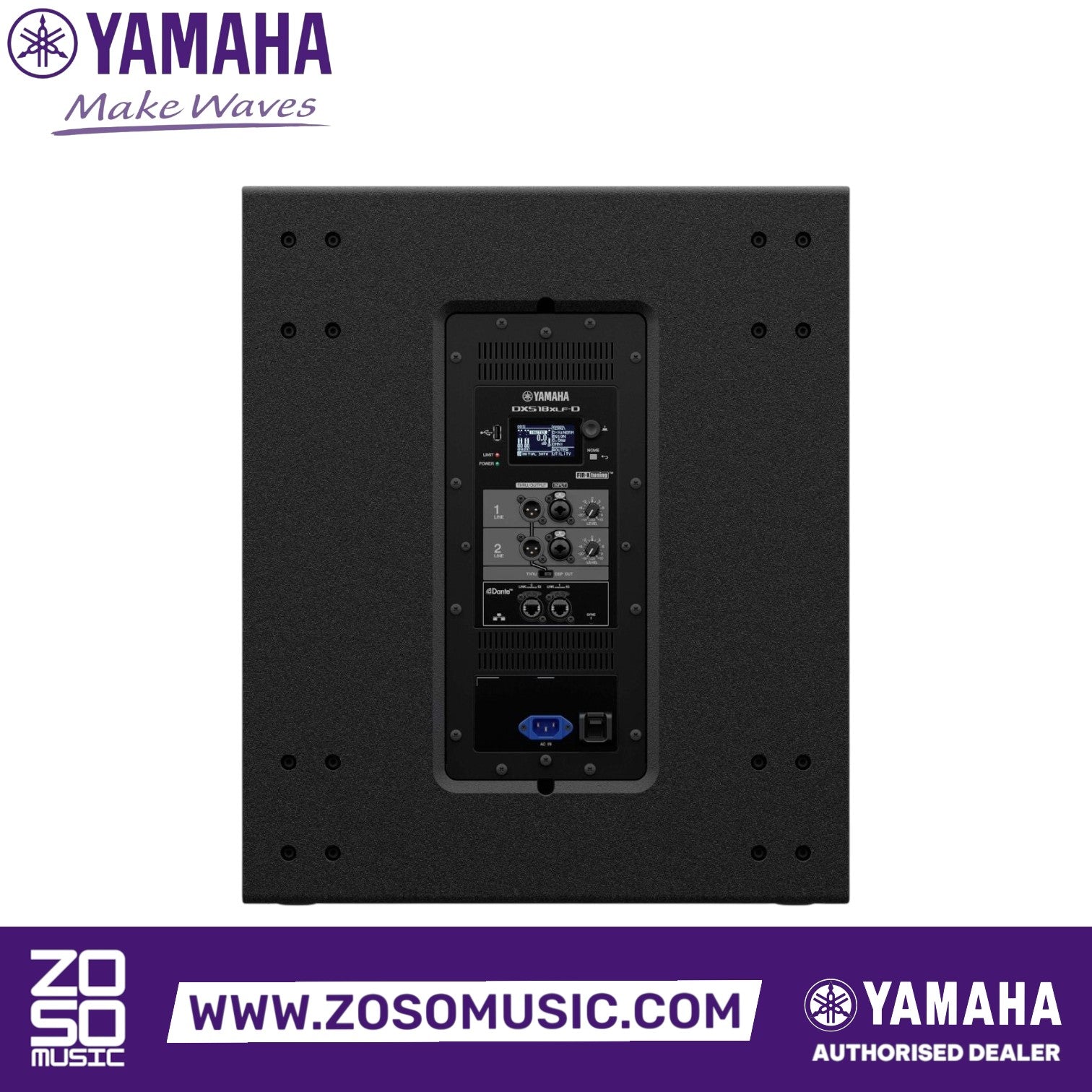 Rear panel of Zoso Music Yamaha DXS18XLF-D powered subwoofer showing LCD screen, Dante ports, and control inputs.