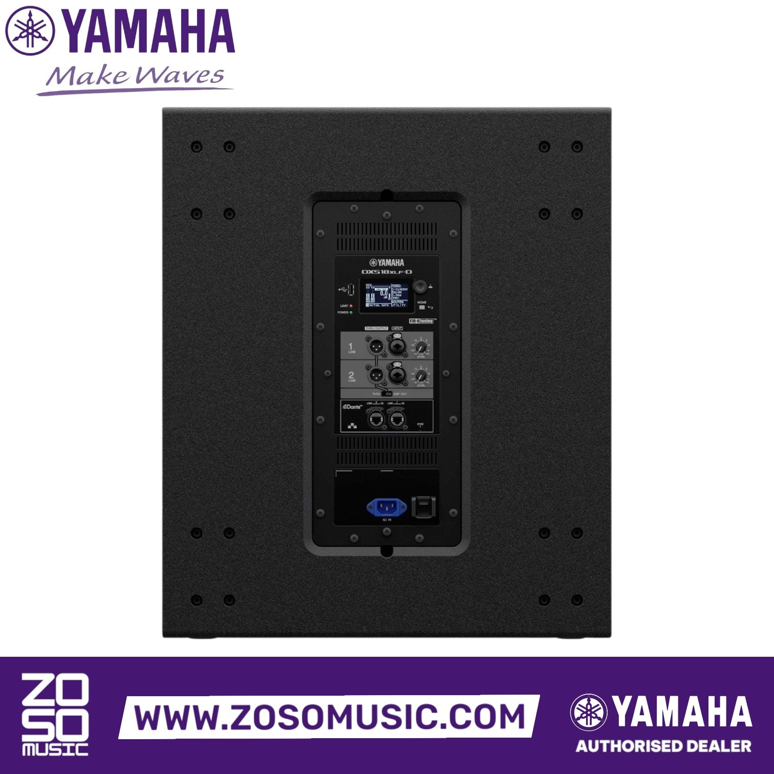 Zoso Music Yamaha DXS18XLF 18-inch powered subwoofer rear panel showing LCD display, inputs, and controls.