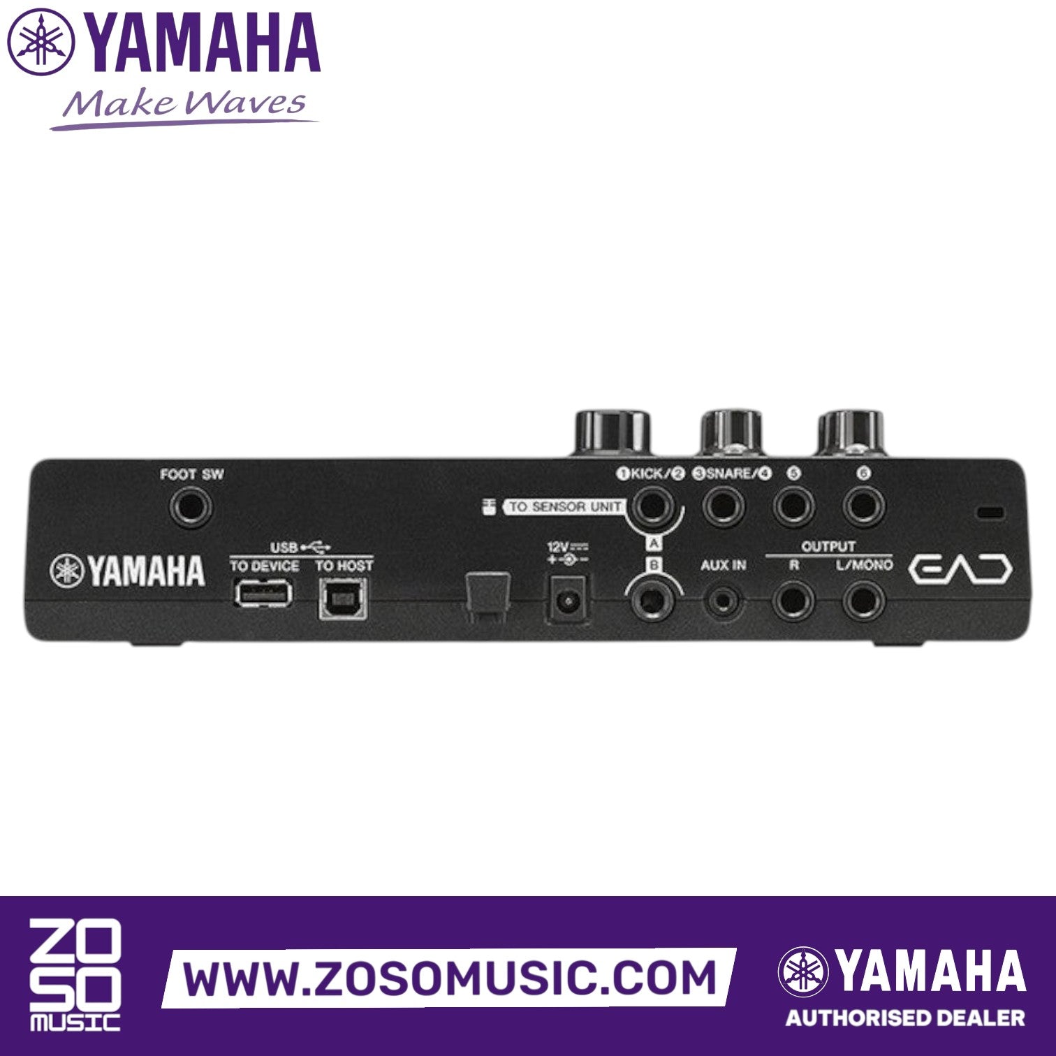 Zoso Music Yamaha EAD10 drum module rear panel showing USB, aux, and trigger input ports for acoustic drum recording.