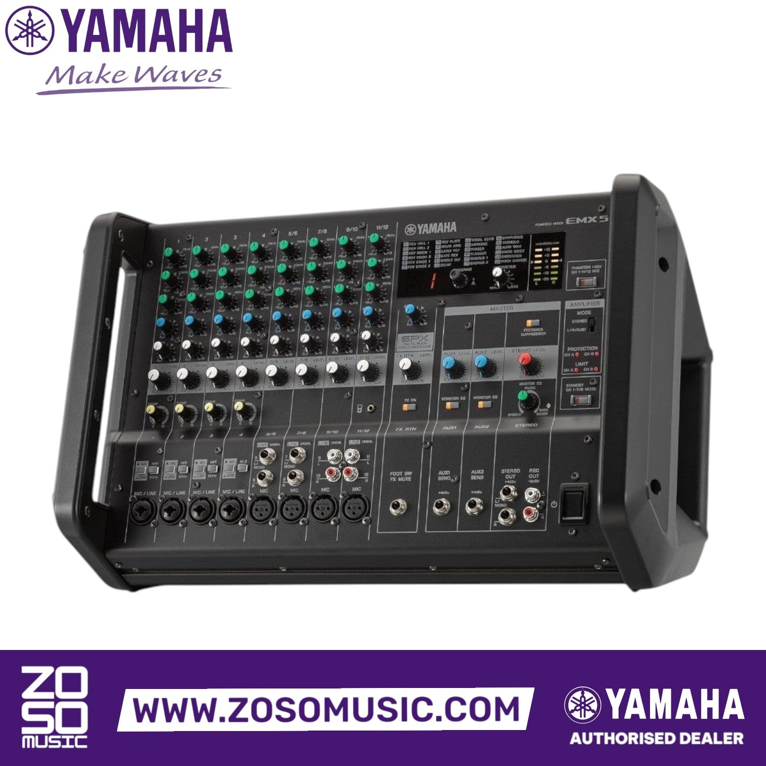 Zoso Music Yamaha EMX5 12-channel powered mixer with 1260W output, 8 preamps, and integrated SPX effects.