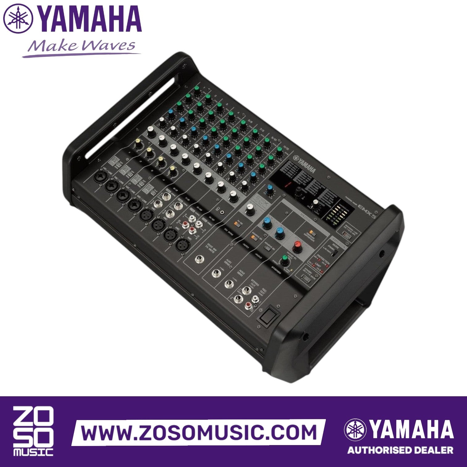 Zoso Music Yamaha EMX5 12-channel powered mixer with 1260W output, featuring multiple inputs and control knobs.