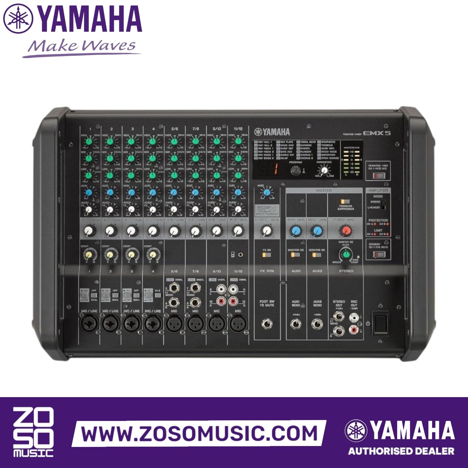 Zoso Music Yamaha EMX5 12-channel powered mixer with 1260W output, featuring 8 preamps and built-in SPX effects.