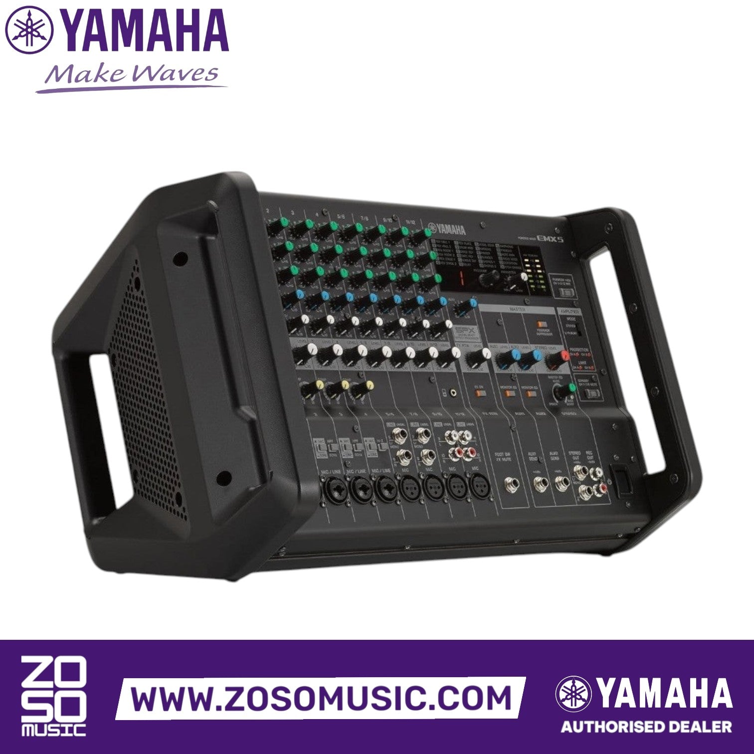 Zoso Music Yamaha EMX5 12-channel powered mixer with 1260W output, featuring multiple inputs and control knobs.