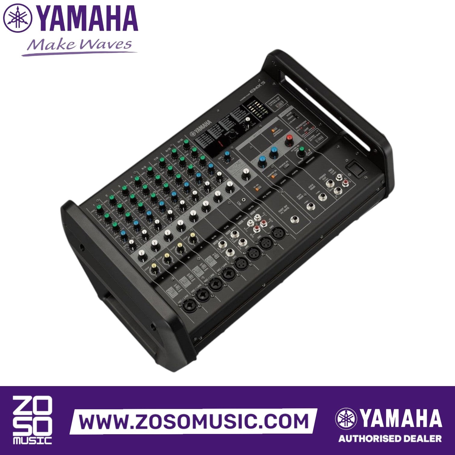 Zoso Music Yamaha EMX5 12-channel powered mixer with 1260W output, featuring multiple inputs and control knobs.