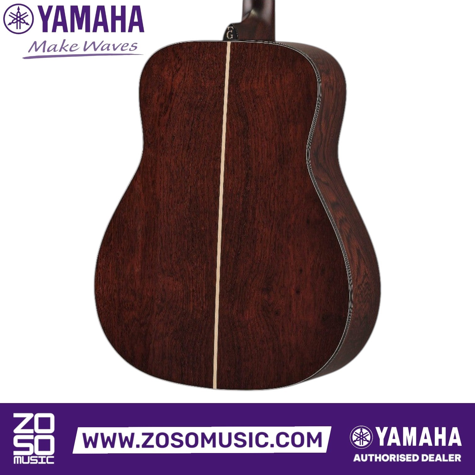 Zoso Music Yamaha 60th Anniversary FG9 acoustic guitar back view showing dark Guatemalan rosewood grain