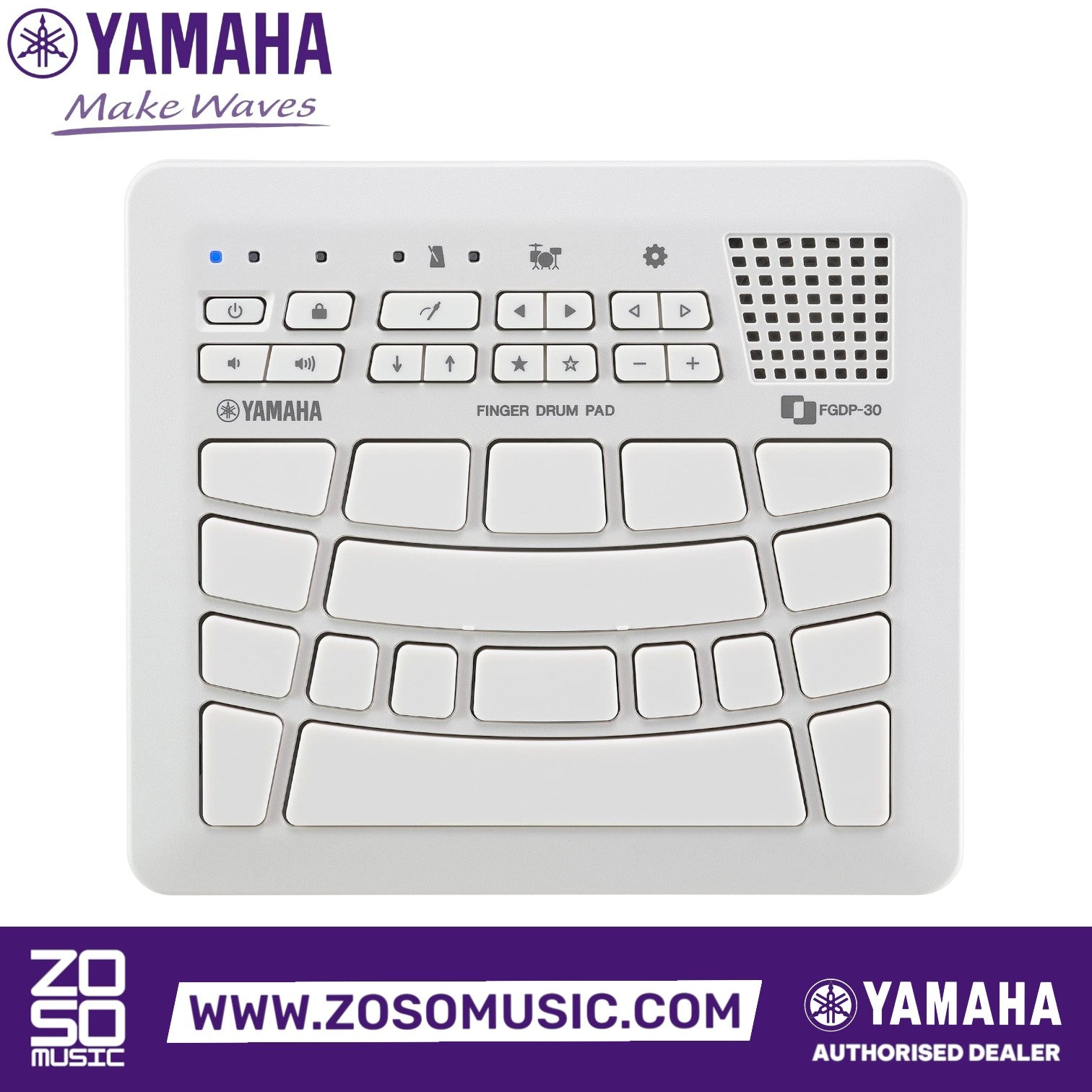 Zoso Music Yamaha FGDP-30 white finger drum pad with ultra-sensitive layout, built-in speaker, and control buttons.