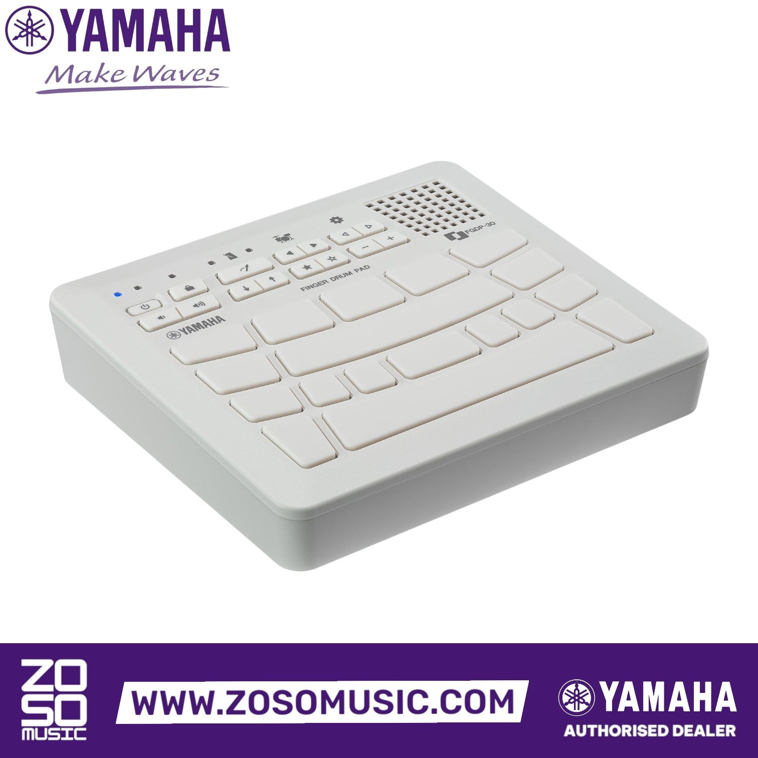 Zoso Music Yamaha FGDP-30 white finger drum pad with ultra-sensitive pads, built-in speaker, and intuitive controls.