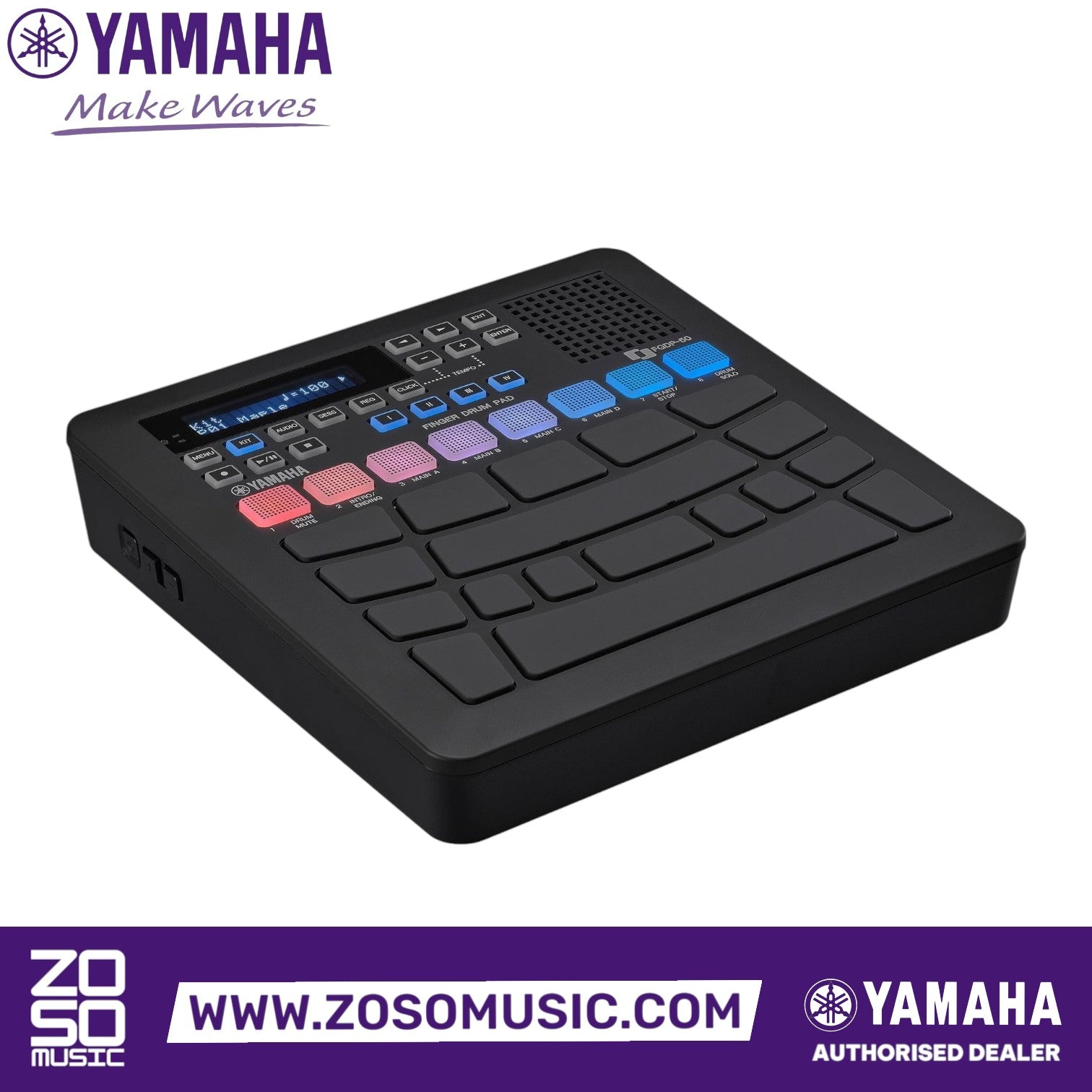 Zoso Music Yamaha FGDP-50 finger drum pad with black chassis, backlit RGB pads, and built-in speaker display
