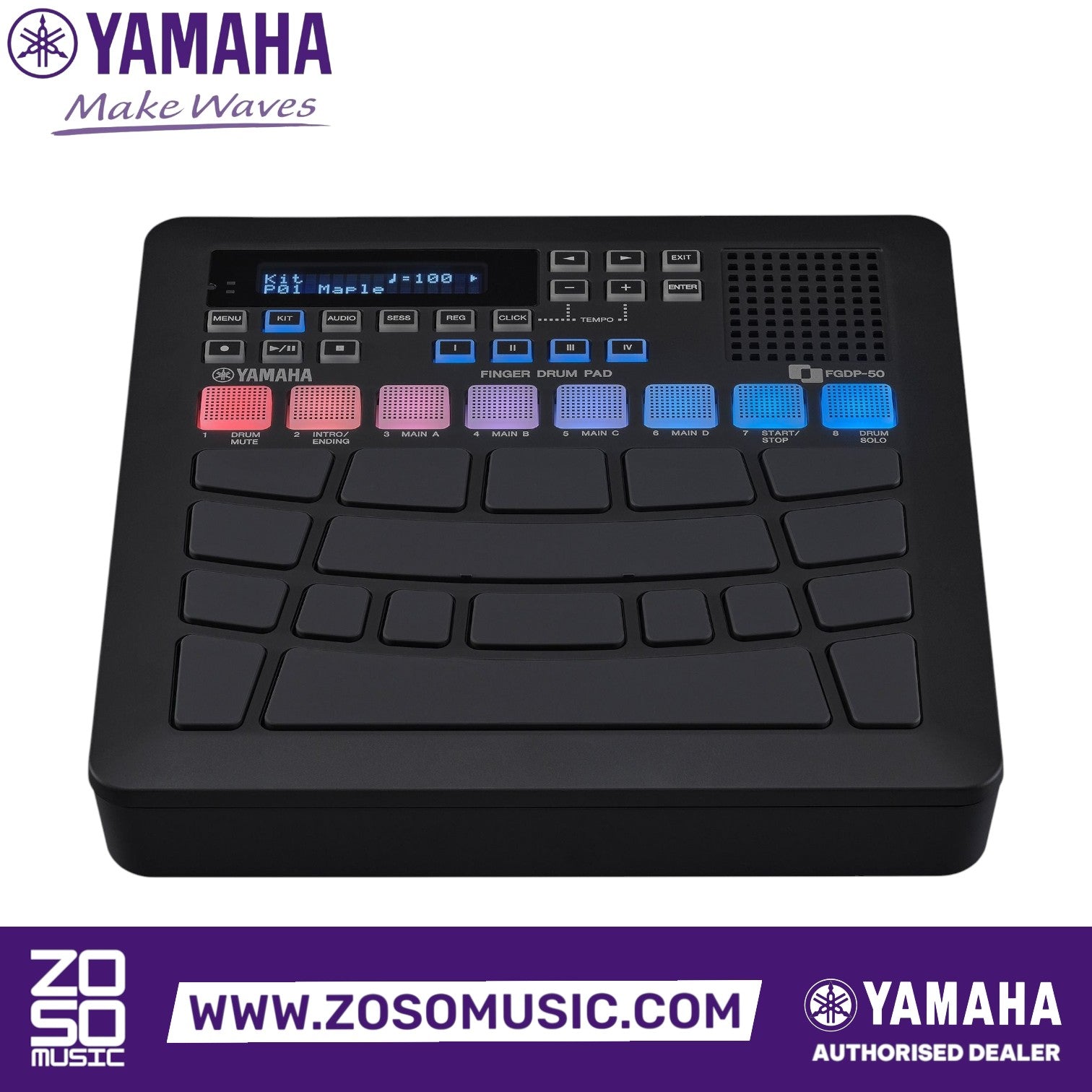Zoso Music Yamaha FGDP-50 finger drum pad with black chassis, backlit RGB pads, and digital display screen.