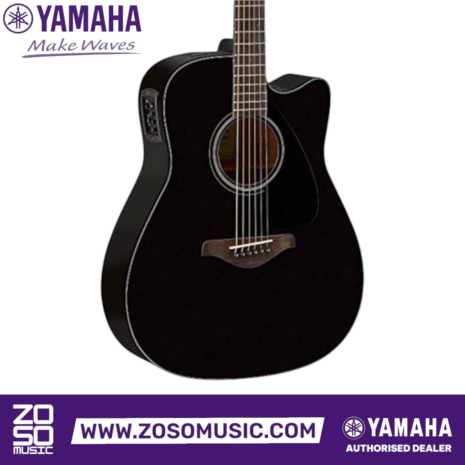 Zoso Music Yamaha FGX800C black acoustic-electric guitar with cutaway body, solid spruce top, and walnut fretboard.