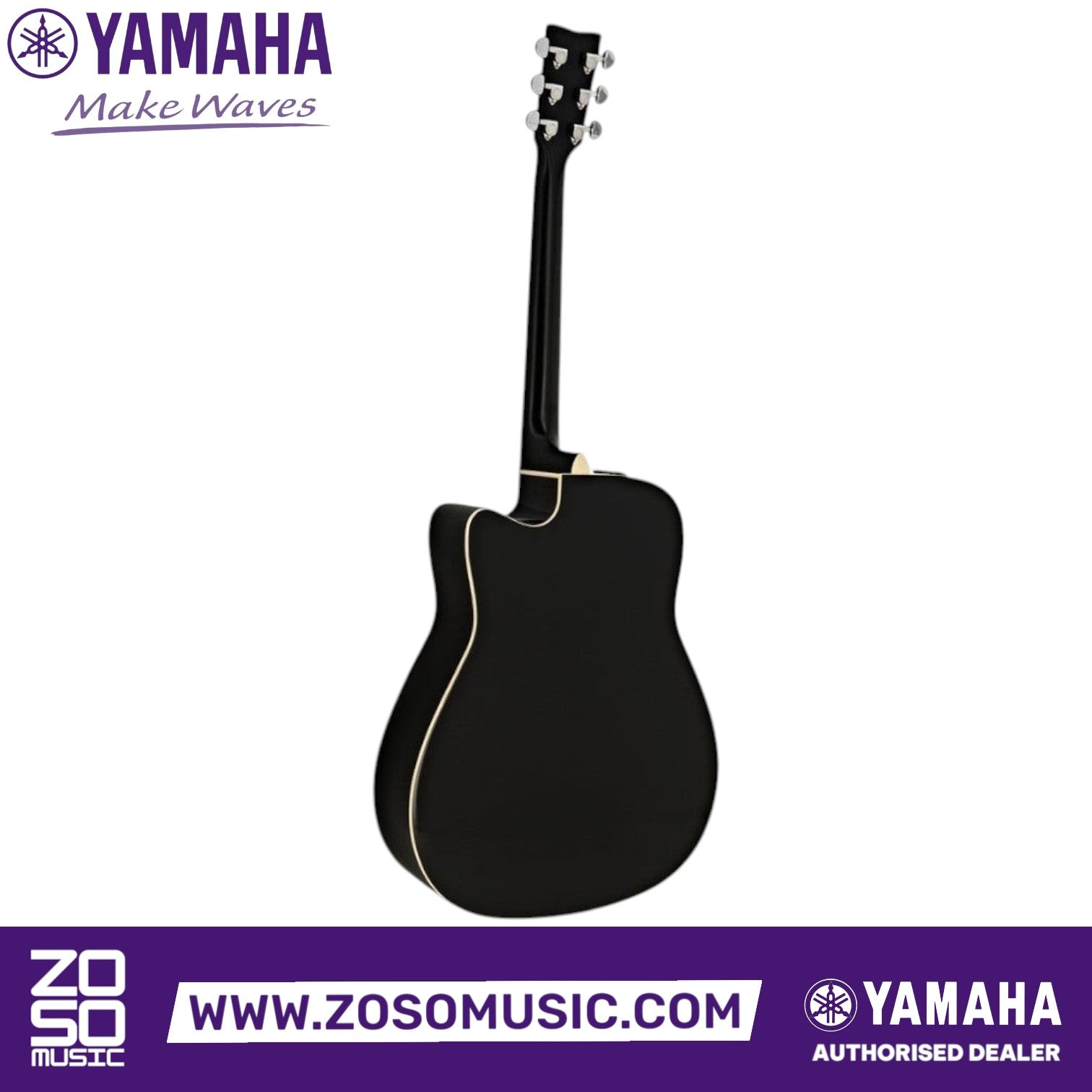 Zoso Music Yamaha FGX830C black acoustic electric dreadnought guitar, back view showing cutaway and rosewood body