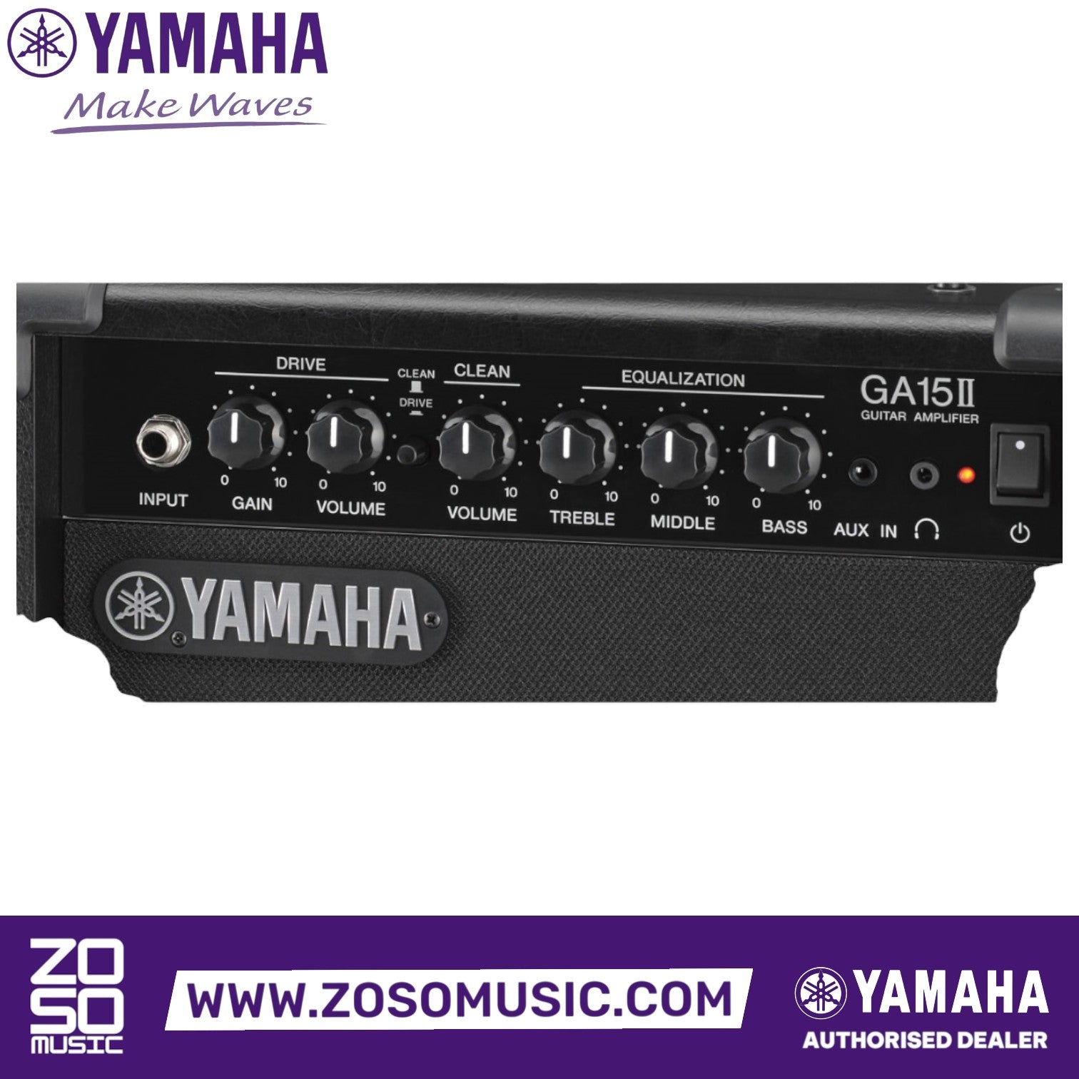 Zoso Music Yamaha GA15II 15-watt electric guitar practice amplifier control panel with drive and clean settings
