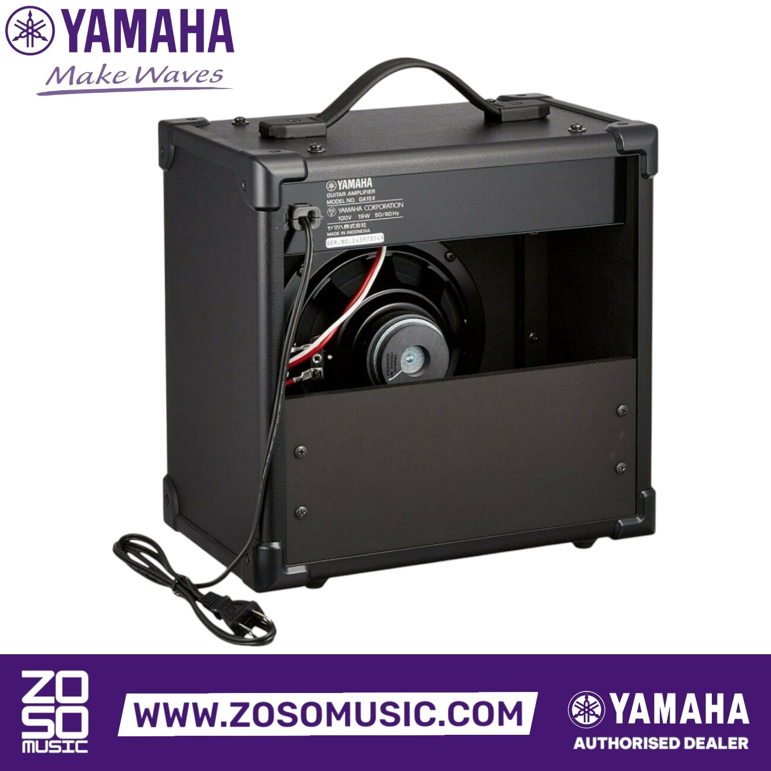 Zoso Music Yamaha GA15II 15-watt electric guitar practice amplifier, rear view showing speaker and power cable