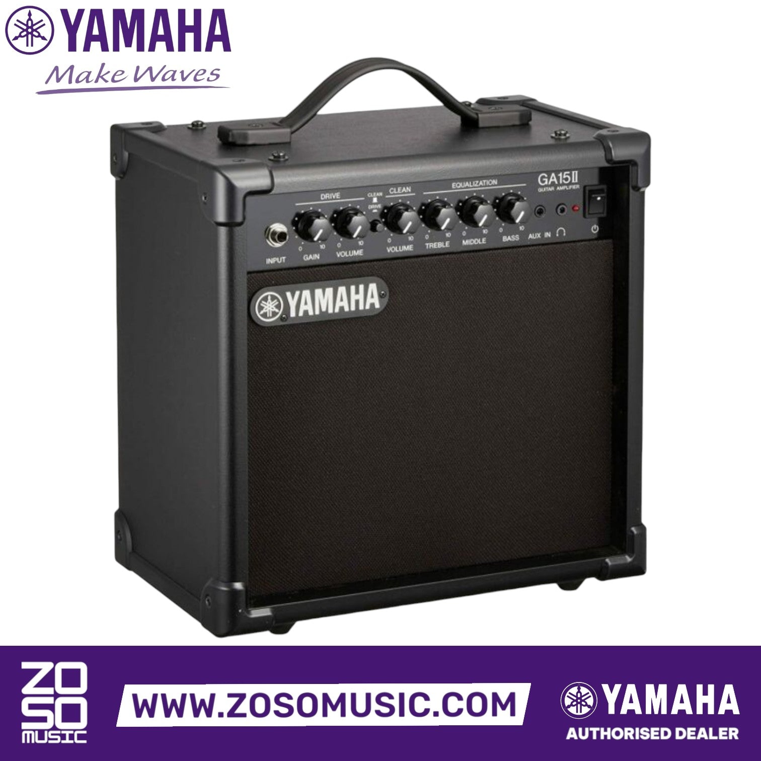 Zoso Music Yamaha GA15II 15-watt electric guitar practice amplifier with control knobs and AUX input