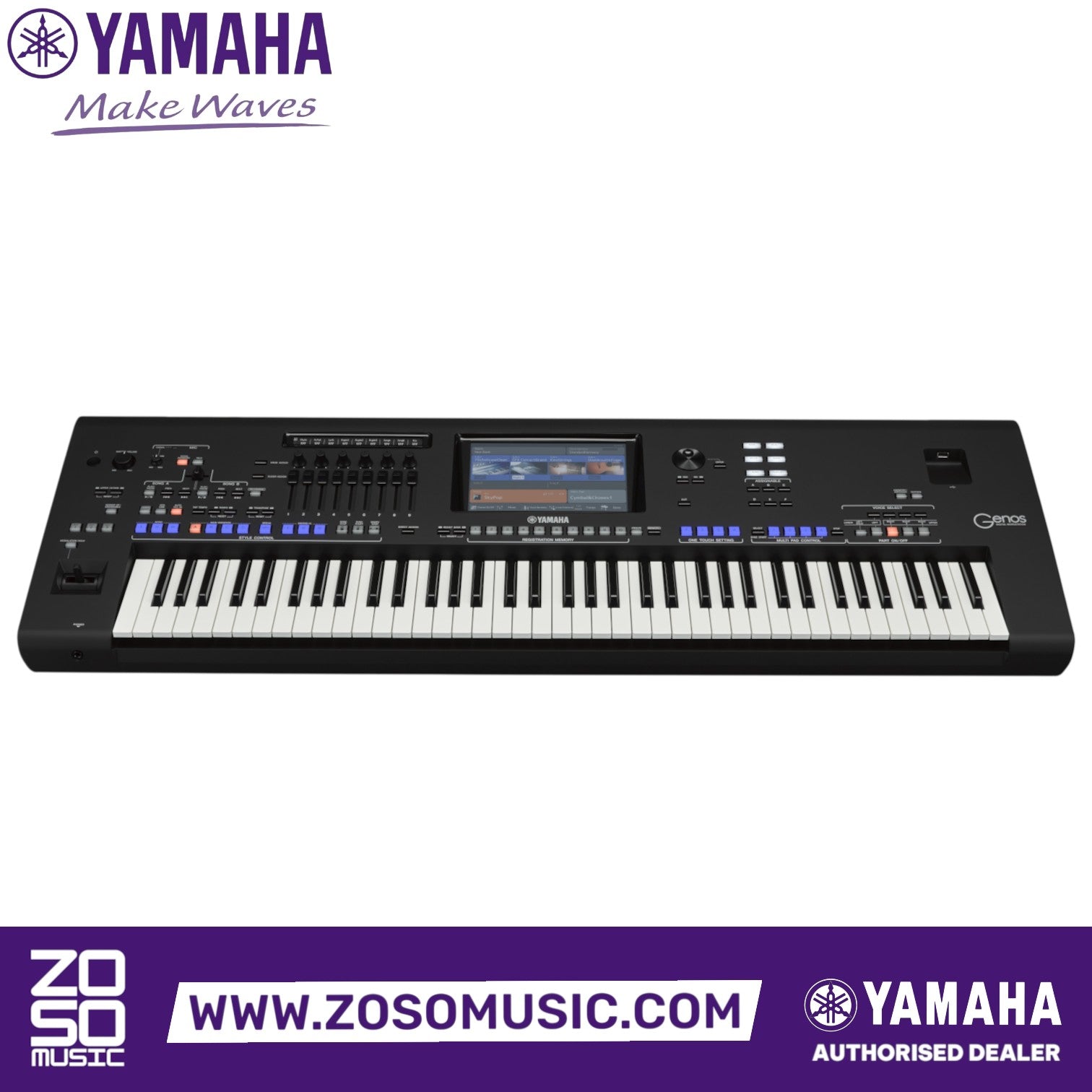 Zoso Music Yamaha Genos2 76-key arranger workstation keyboard with touchscreen and faders in a professional studio