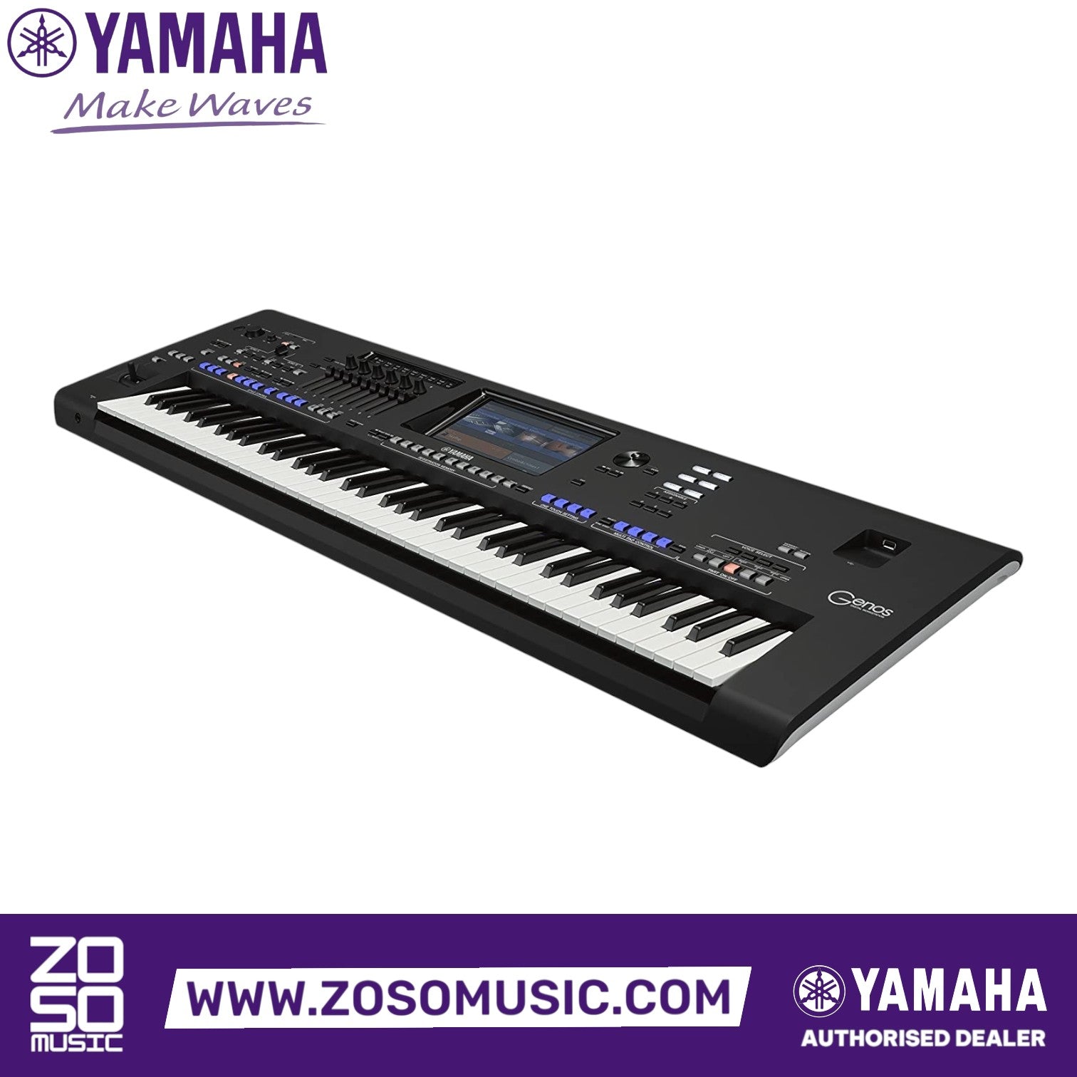 Zoso Music Yamaha Genos2 76-key arranger workstation with touchscreen, faders, and FSX keybed in black finish
