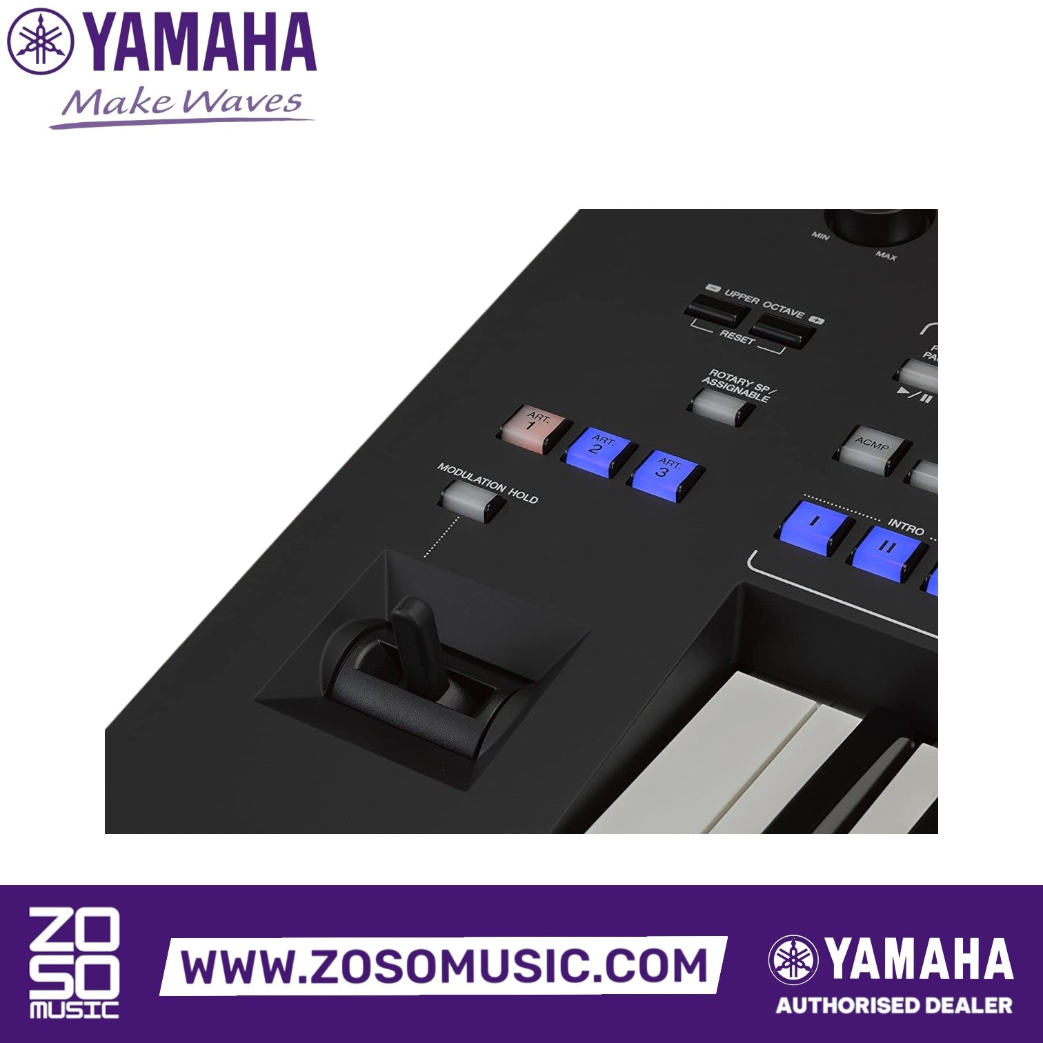 Zoso Music Yamaha Genos2 arranger workstation control panel with modulation lever and assignable buttons