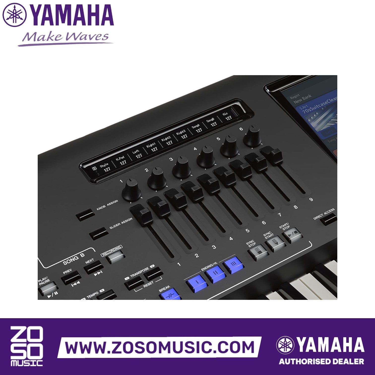 Zoso Music Yamaha Genos2 arranger workstation showing assignable faders, knobs, and OLED displays on the control panel