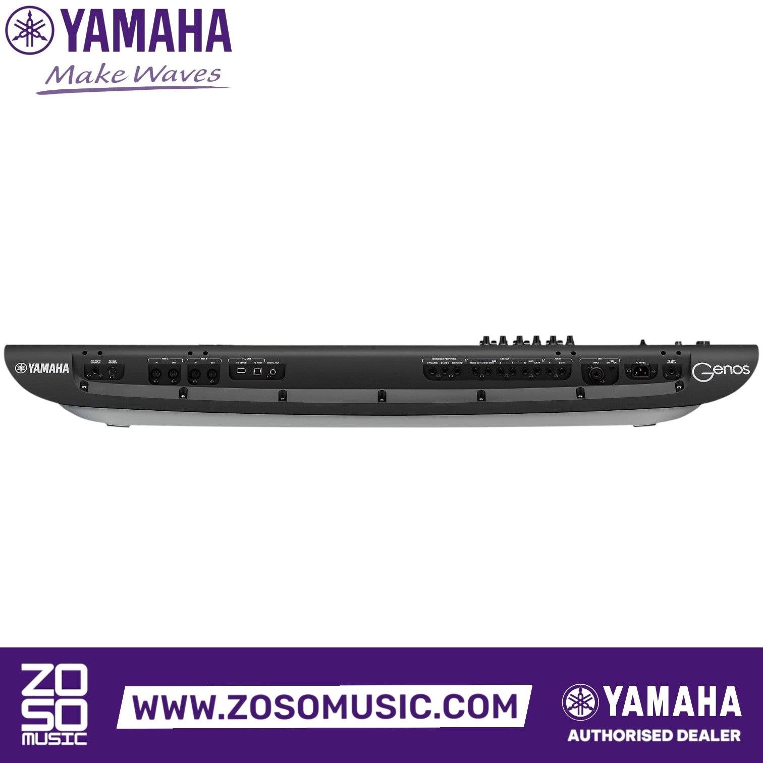 Rear panel connectivity of the Zoso Music Yamaha Genos2 arranger workstation showing audio, USB, and pedal ports.