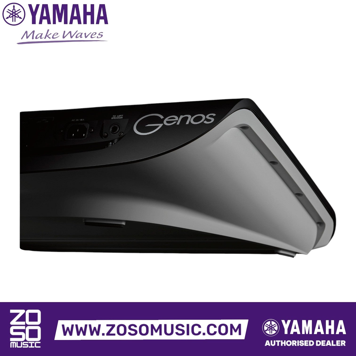 Zoso Music Yamaha Genos2 arranger workstation rear panel view showing power input and connectivity ports
