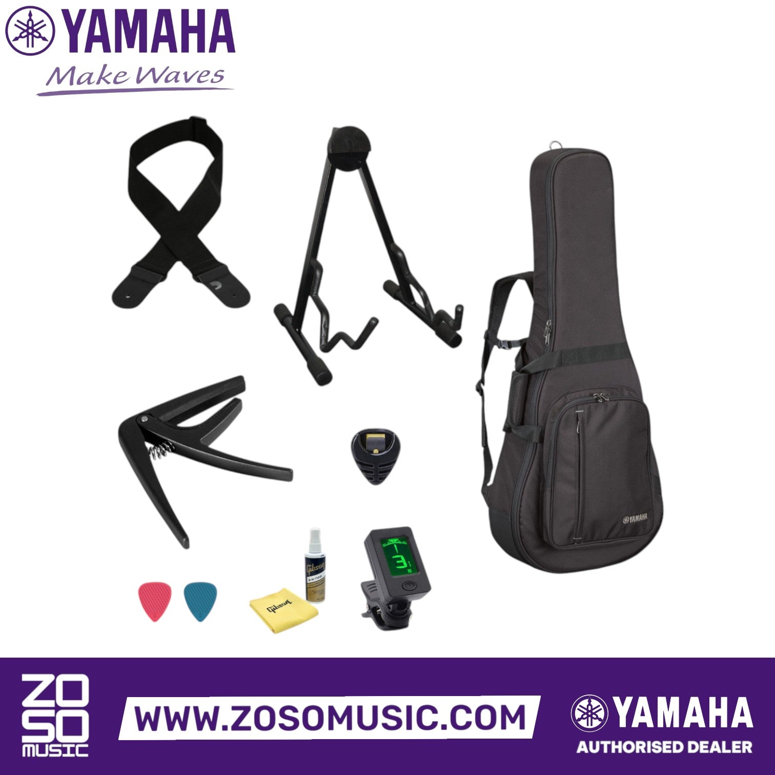 Zoso Music accessory bundle for Yamaha guitar including hard gig bag, stand, capo, tuner, strap, picks, and polish