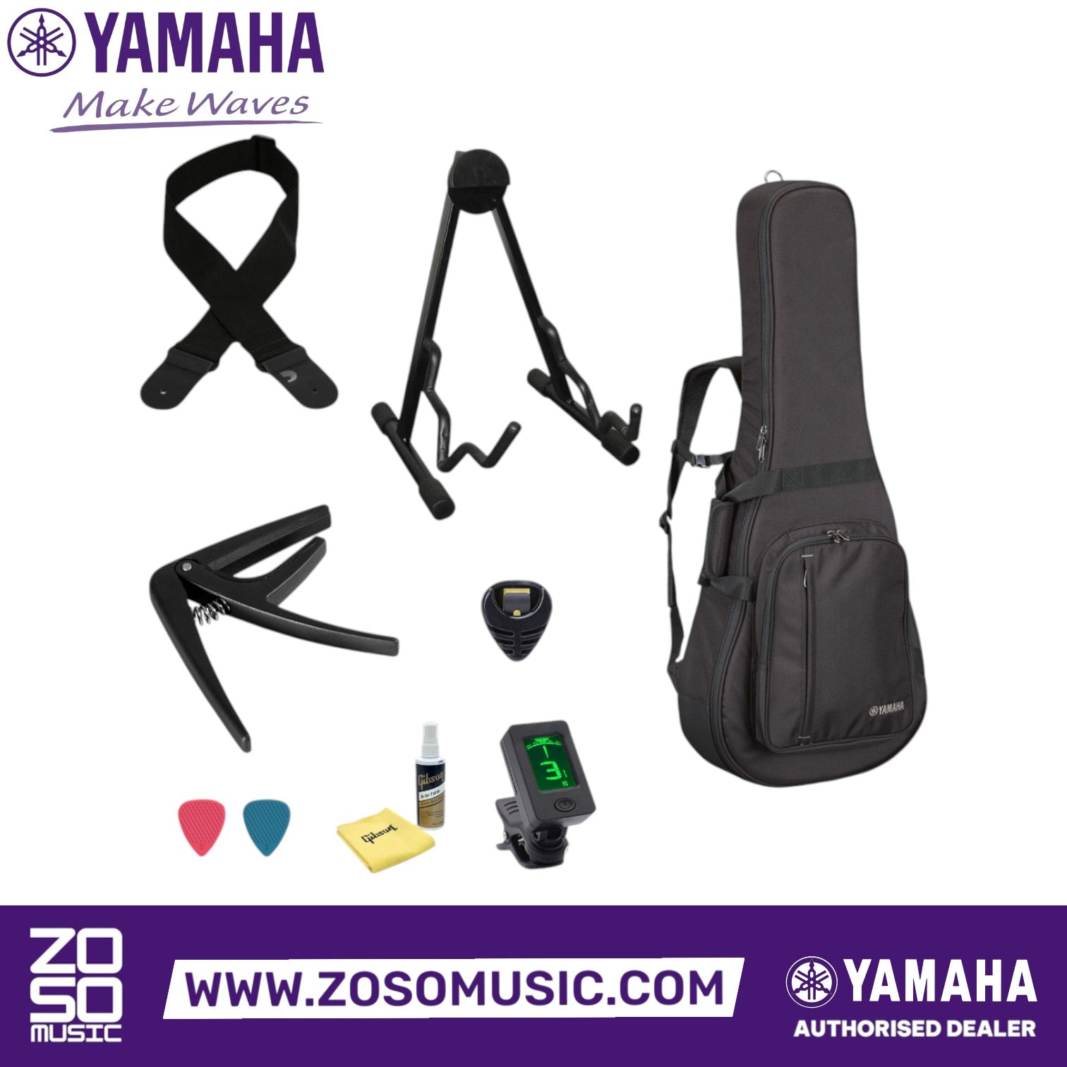 Zoso Music accessory bundle for Yamaha CSF1M guitar including hard gig bag, stand, capo, tuner, strap, and picks.