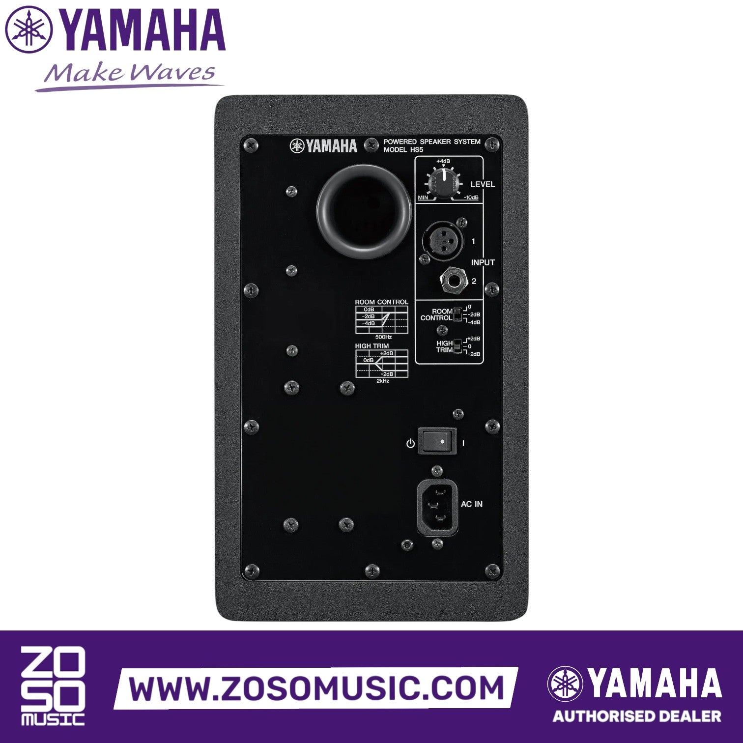 Rear panel of Zoso Music Yamaha HS5 active studio monitor showing XLR and jack inputs and room control settings