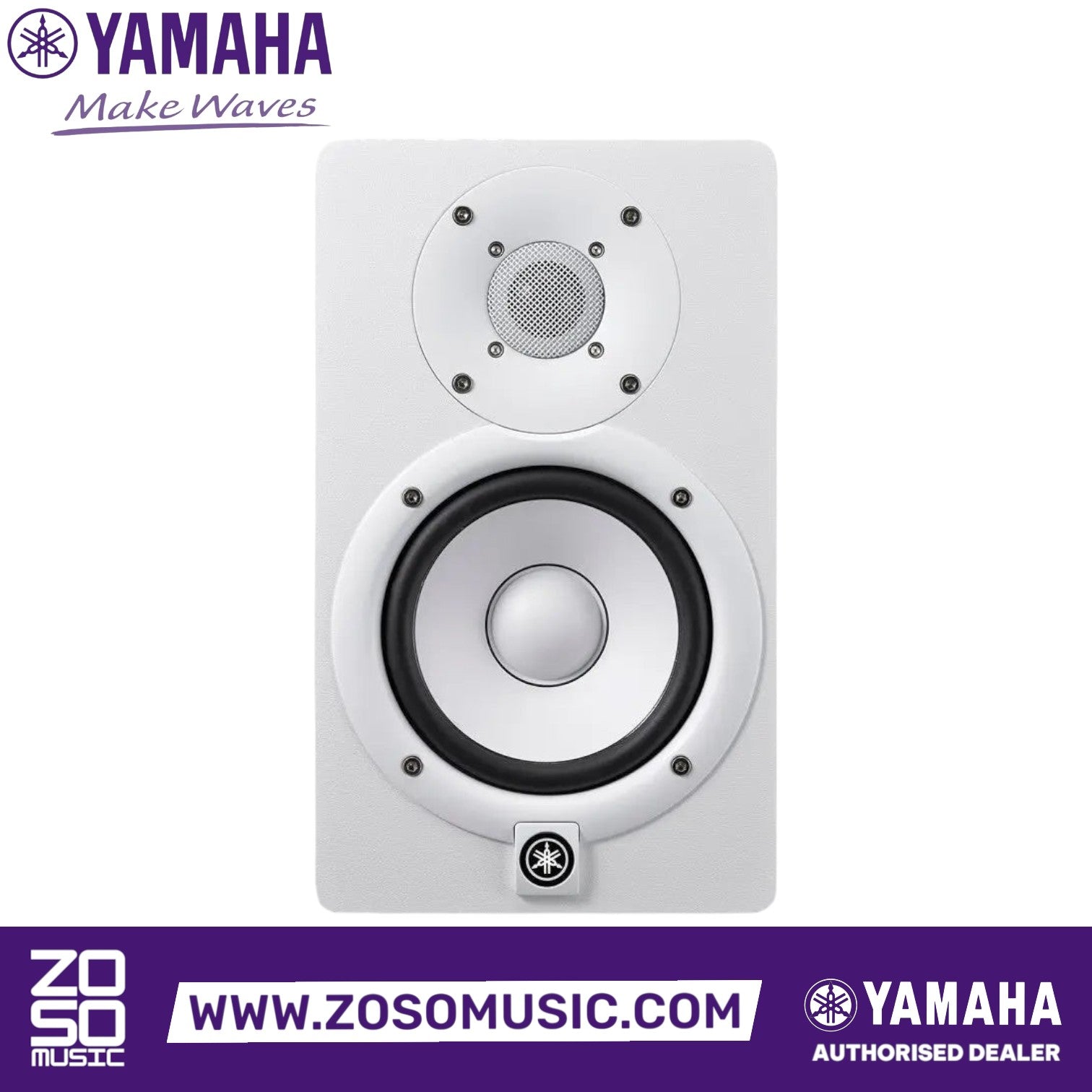 Zoso Music Yamaha HS5 white active studio monitor with 5-inch woofer and 1-inch dome tweeter, front view.