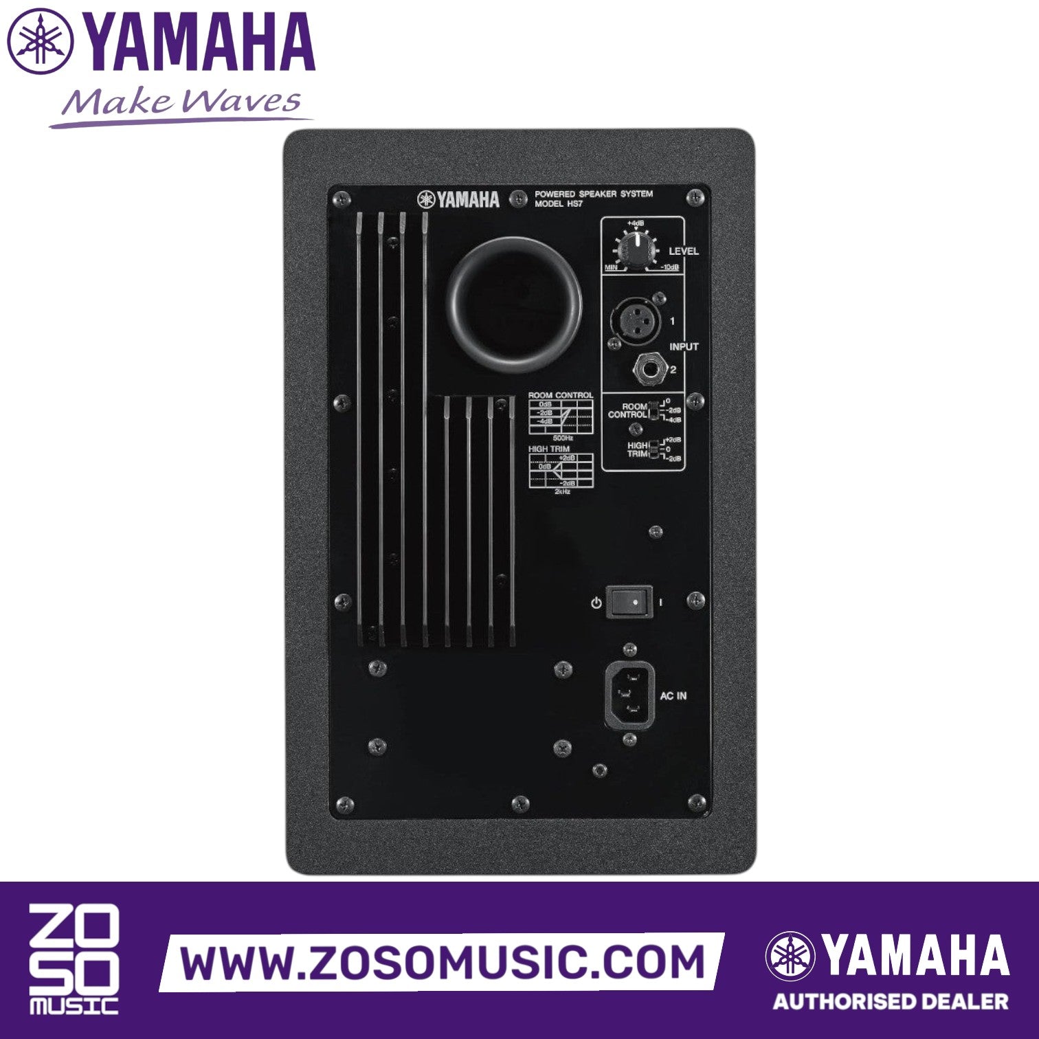 Zoso Music Yamaha HS7 powered studio monitor rear panel showing input ports, room control, and high trim switches.