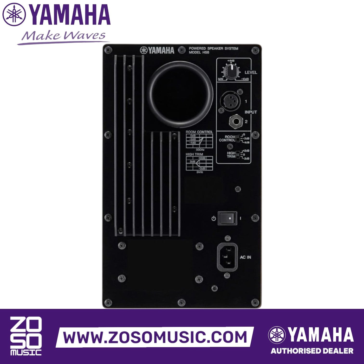 Rear panel of Zoso Music Yamaha HS8 studio monitor showing input ports, room control, and high trim settings