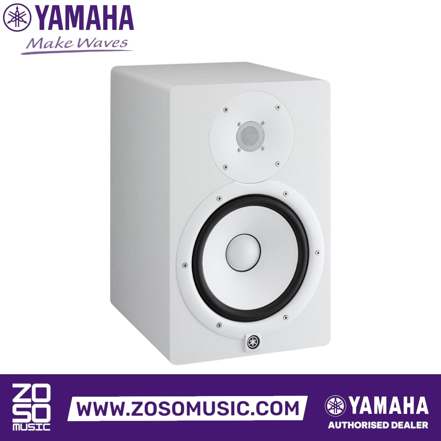 Zoso Music Yamaha HS8 8-inch active studio monitor speaker in white with iconic white-coned woofer and dome tweeter.