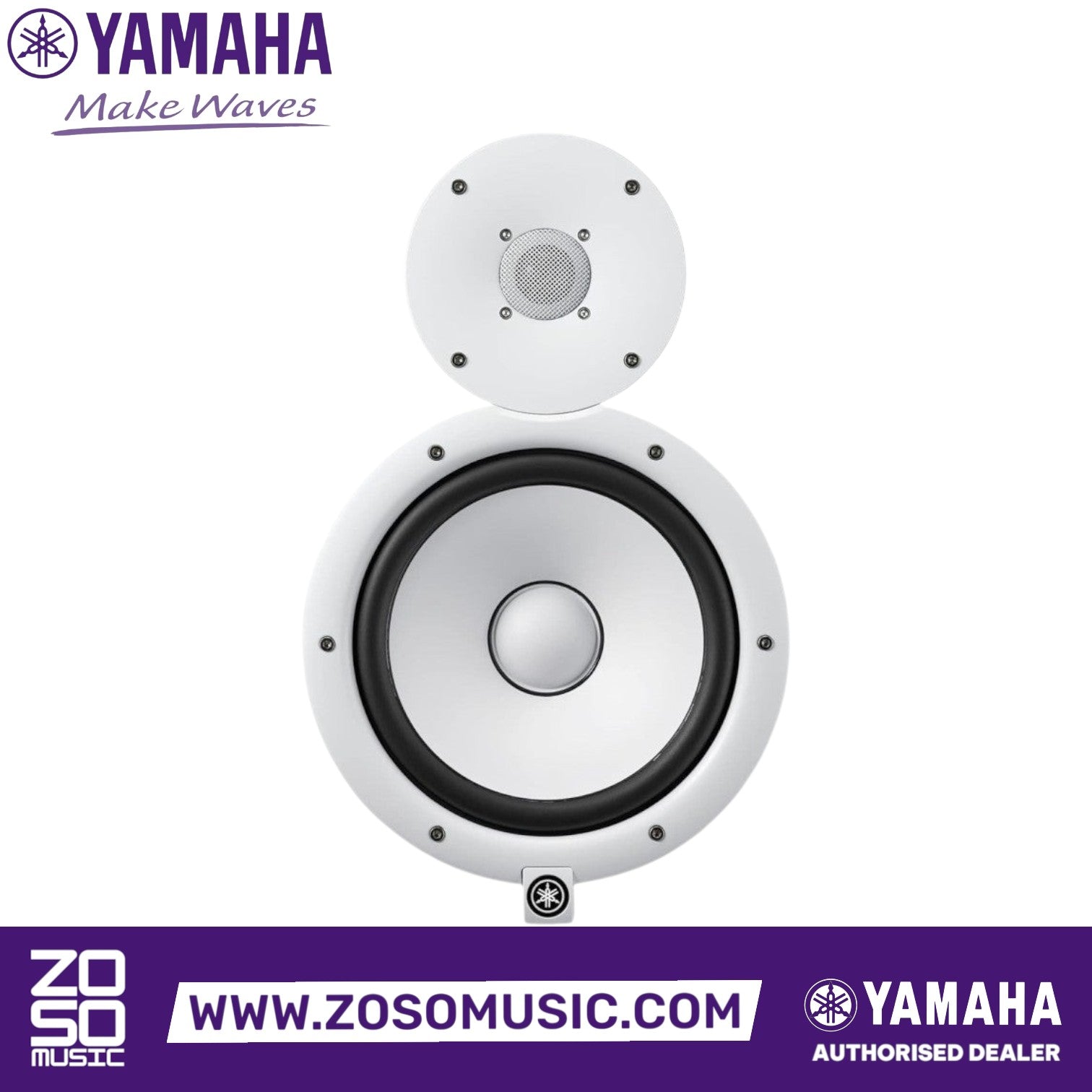 Zoso Music Yamaha HS8 white 8-inch powered studio monitor speaker with iconic white cone woofer and dome tweeter