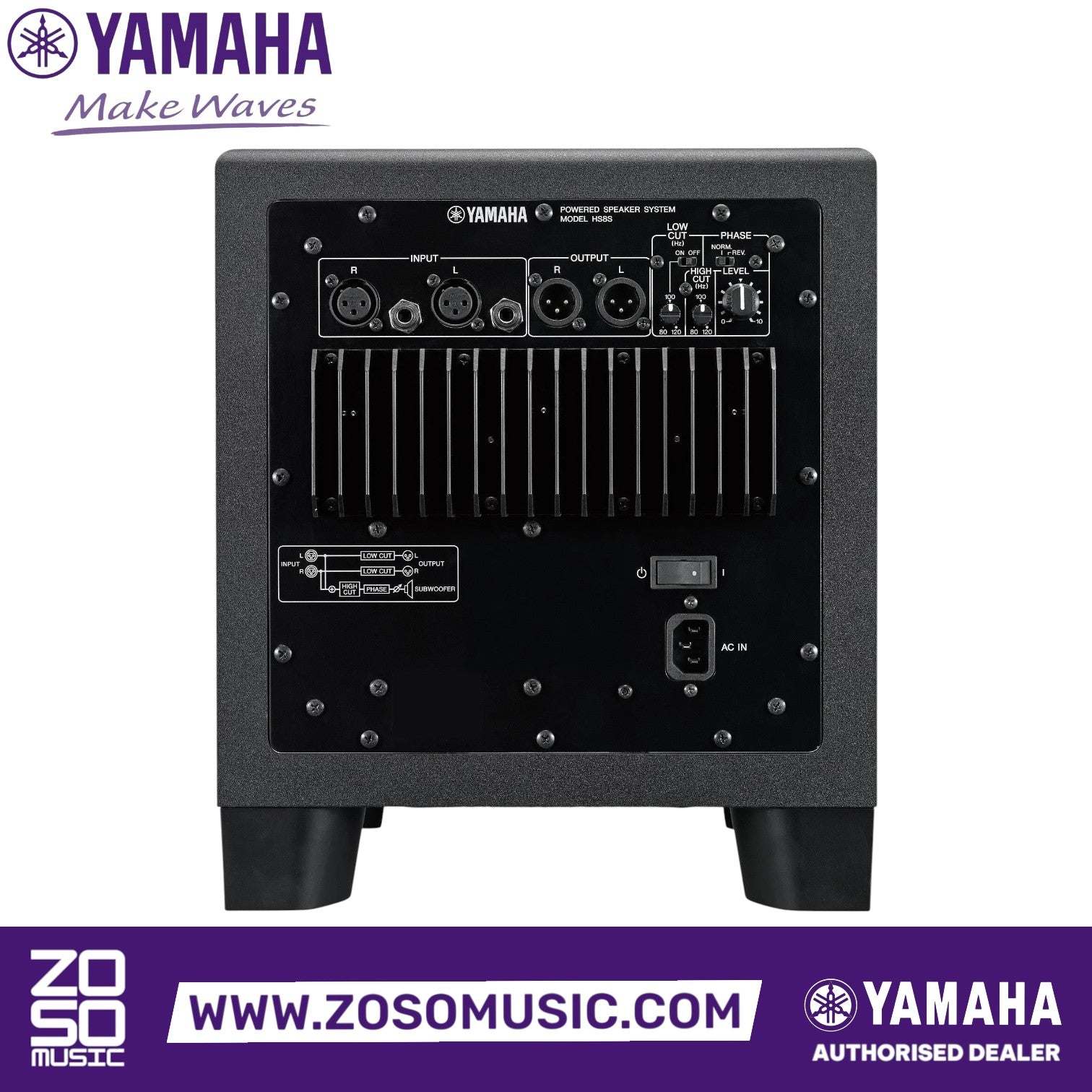 Rear panel of Zoso Music Yamaha HS8S active studio subwoofer showing input, output, and frequency control switches.