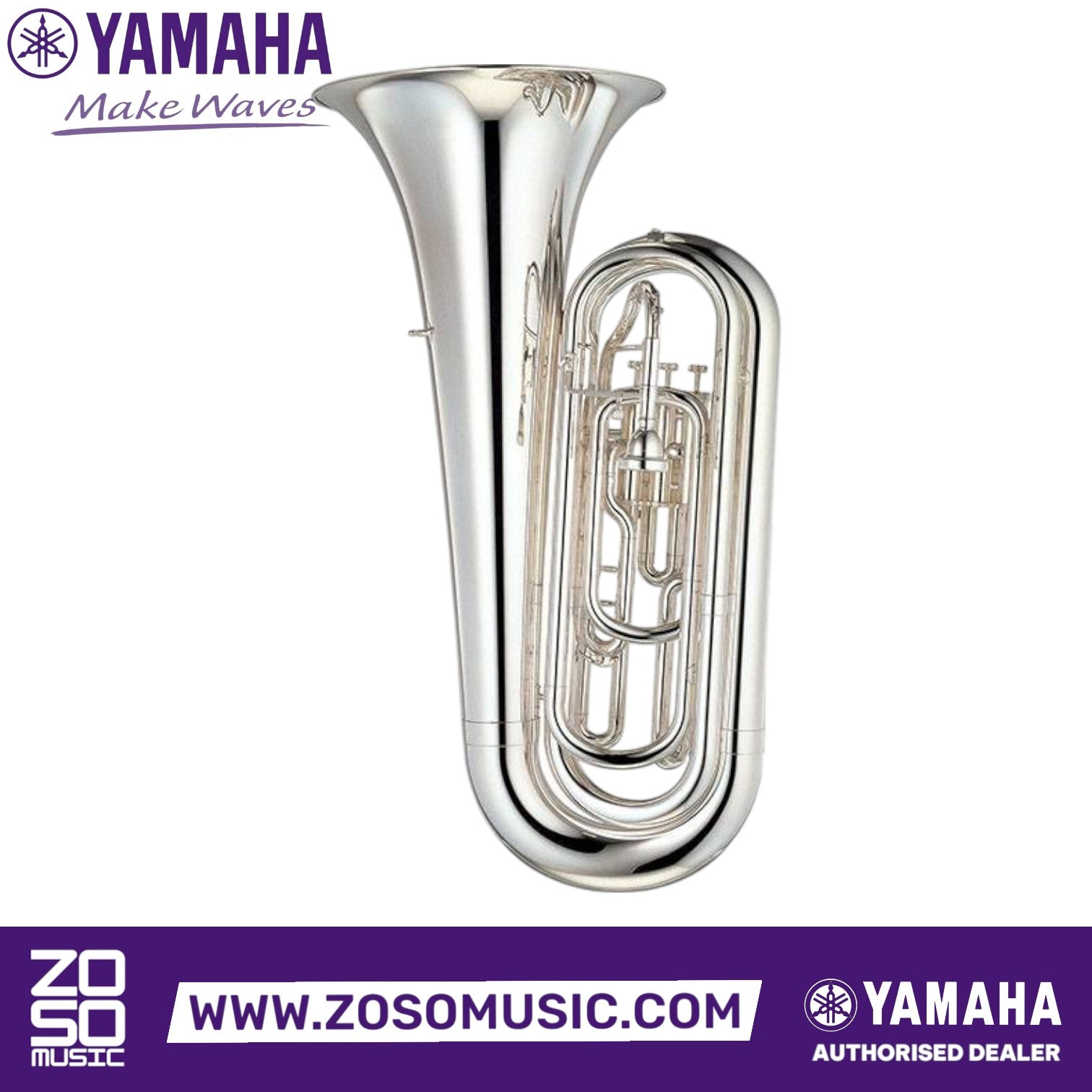 Zoso Music Yamaha YBB-105MS 3-valve Bb marching tuba in a polished silver-plated finish with a yellow brass bell.