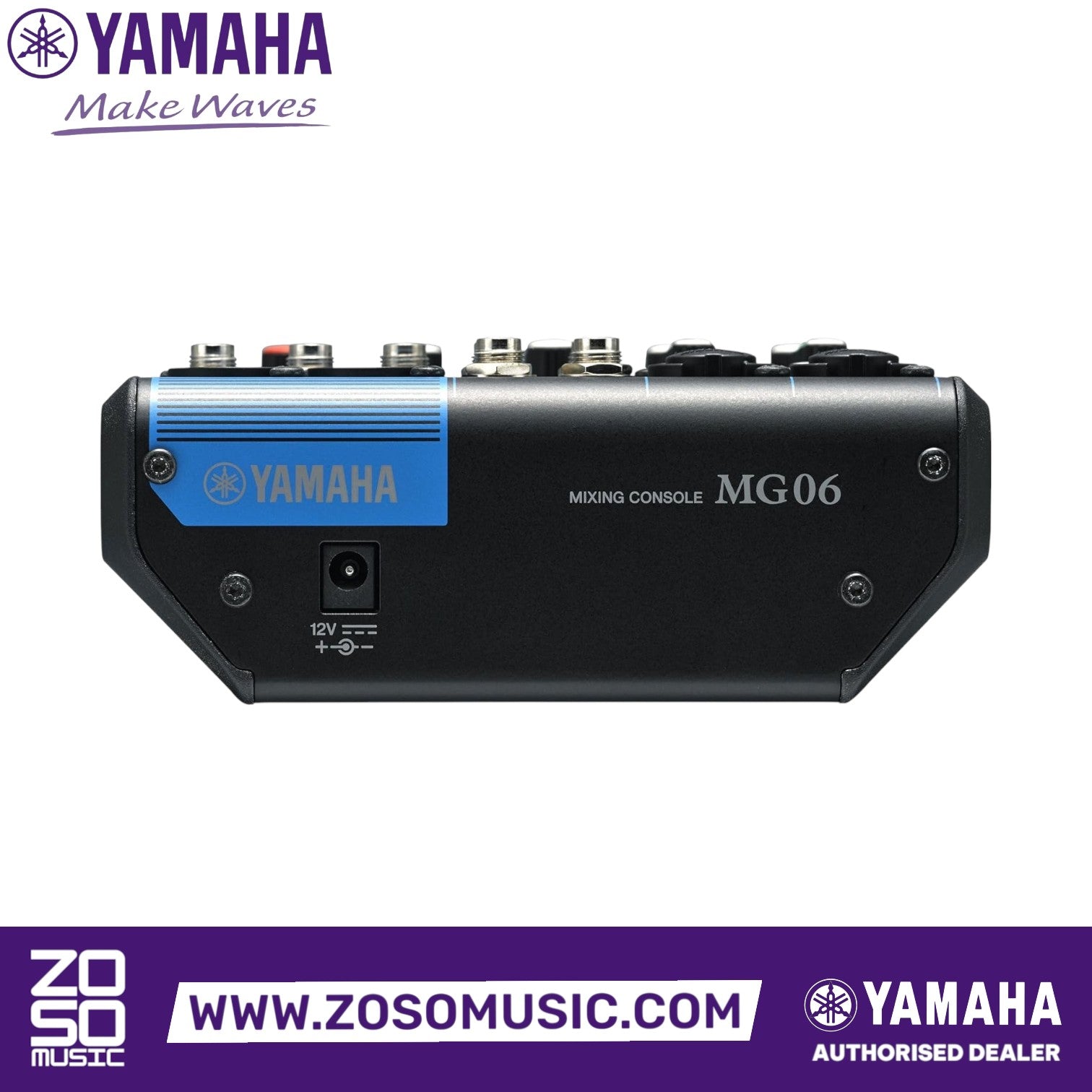 Zoso Music Yamaha MG06 6-channel analog mixer rear panel view showing power input and durable metal chassis design