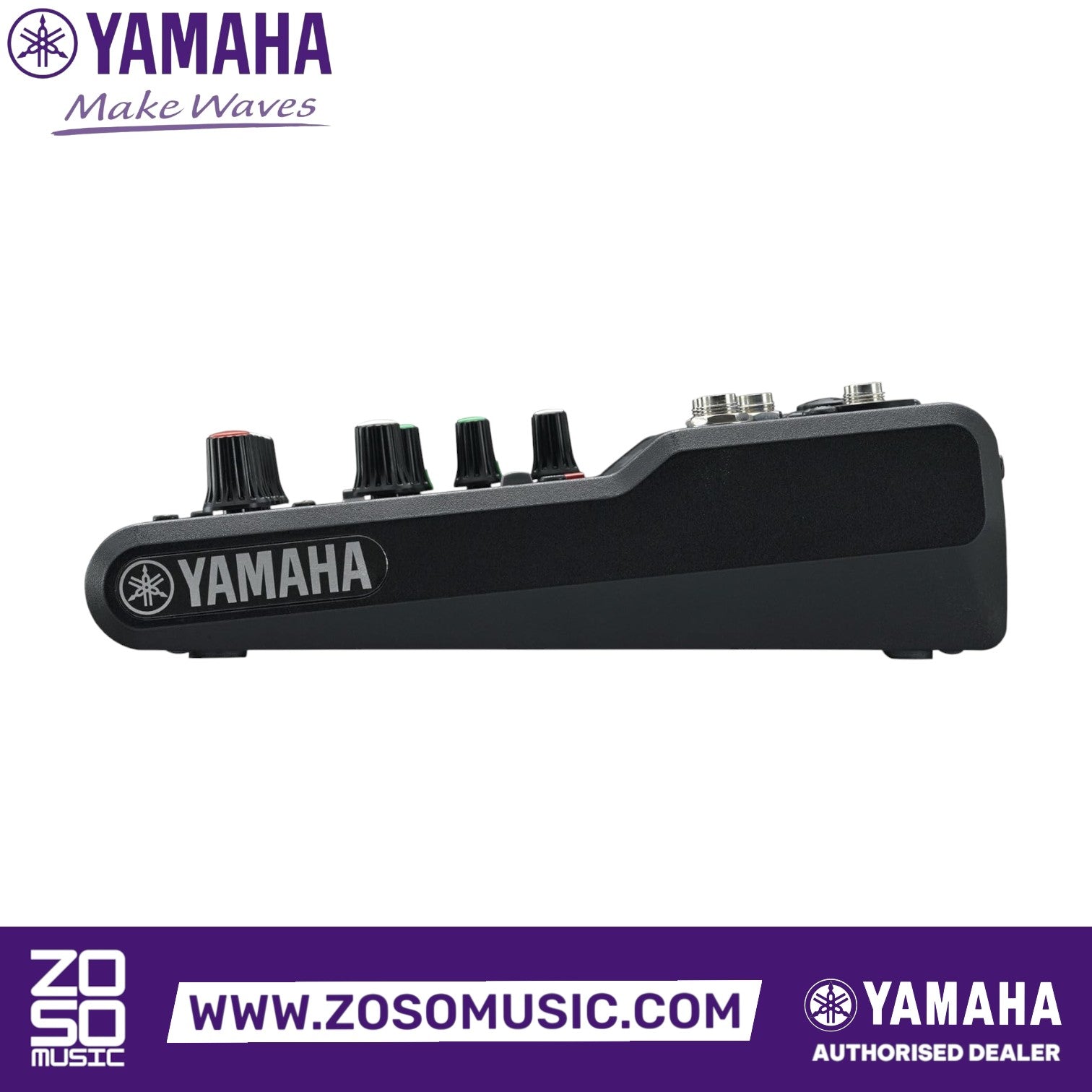 Zoso Music Yamaha MG06 6-channel analog mixer side view showing durable metal chassis and control knobs