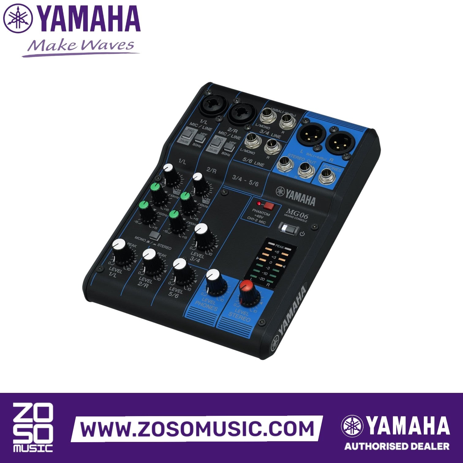 Zoso Music Yamaha MG06 6-channel analog mixer with black metal chassis, blue accents, and professional control knobs.