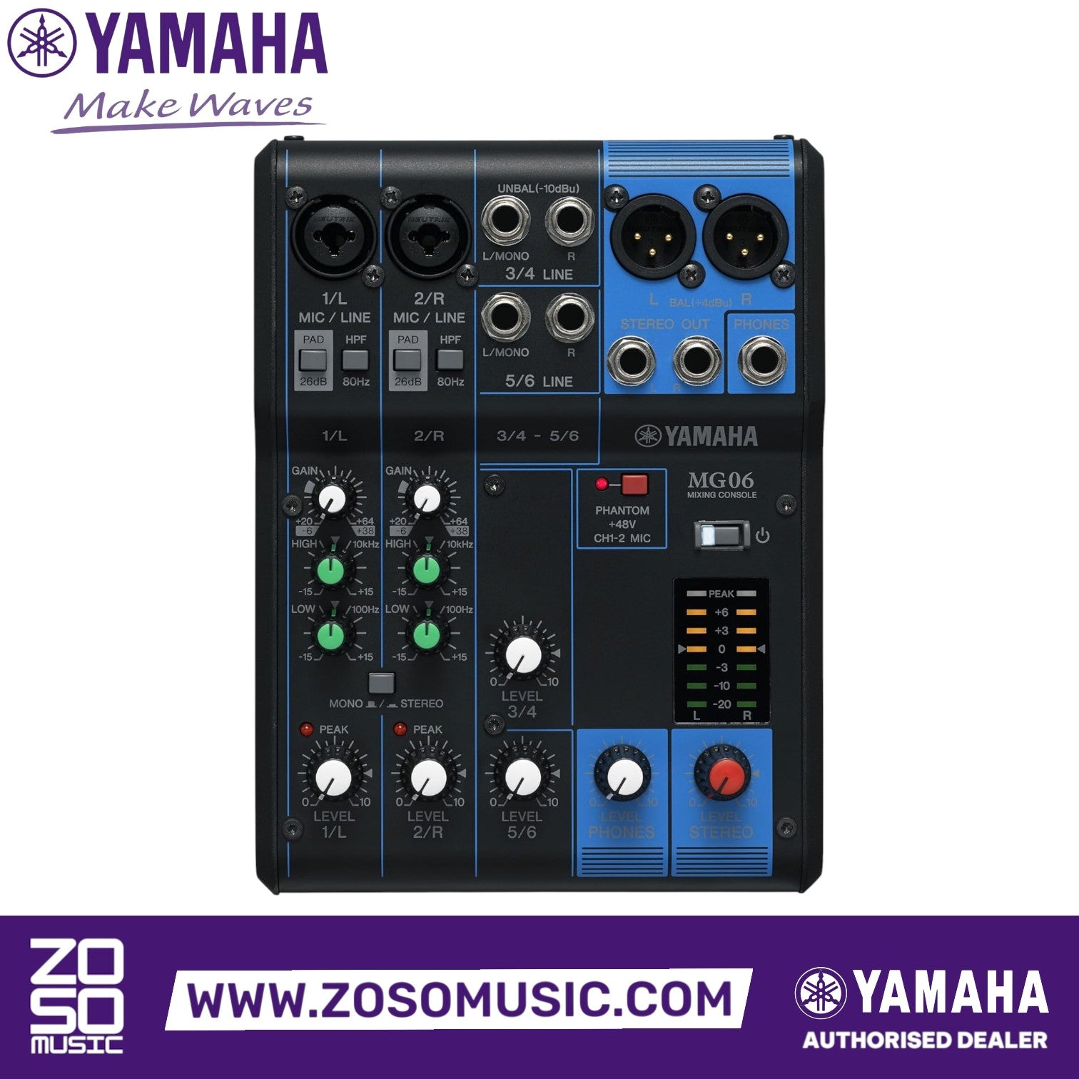 Zoso Music Yamaha MG06 6-channel analog mixer with black and blue metal chassis, featuring D-PRE preamps and EQ controls
