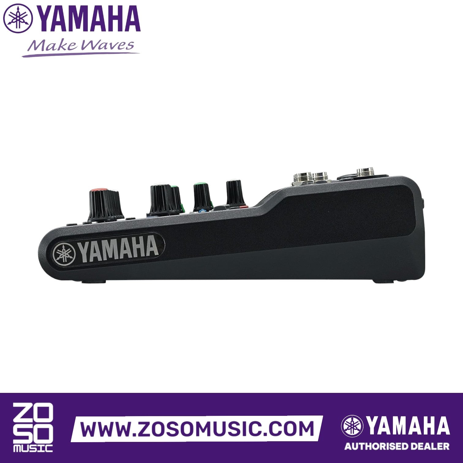 Zoso Music Yamaha MG06X 6-channel analog mixer in a durable black metal chassis, side profile view