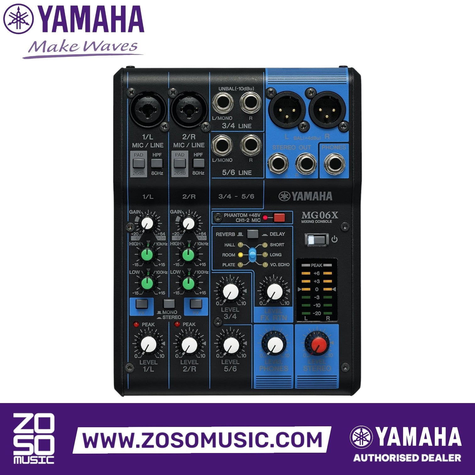 Zoso Music Yamaha MG06X 6-channel analog mixer with blue and black metal chassis, featuring D-PRE preamps and effects.