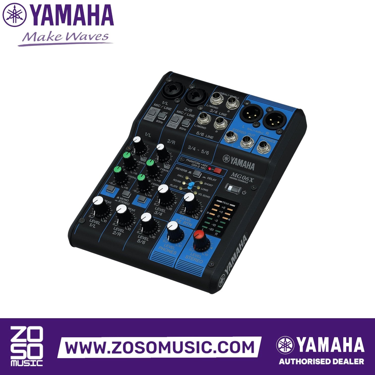 Zoso Music Yamaha MG06X 6-channel analog mixer with blue accents, featuring D-PRE preamps and SPX effects.
