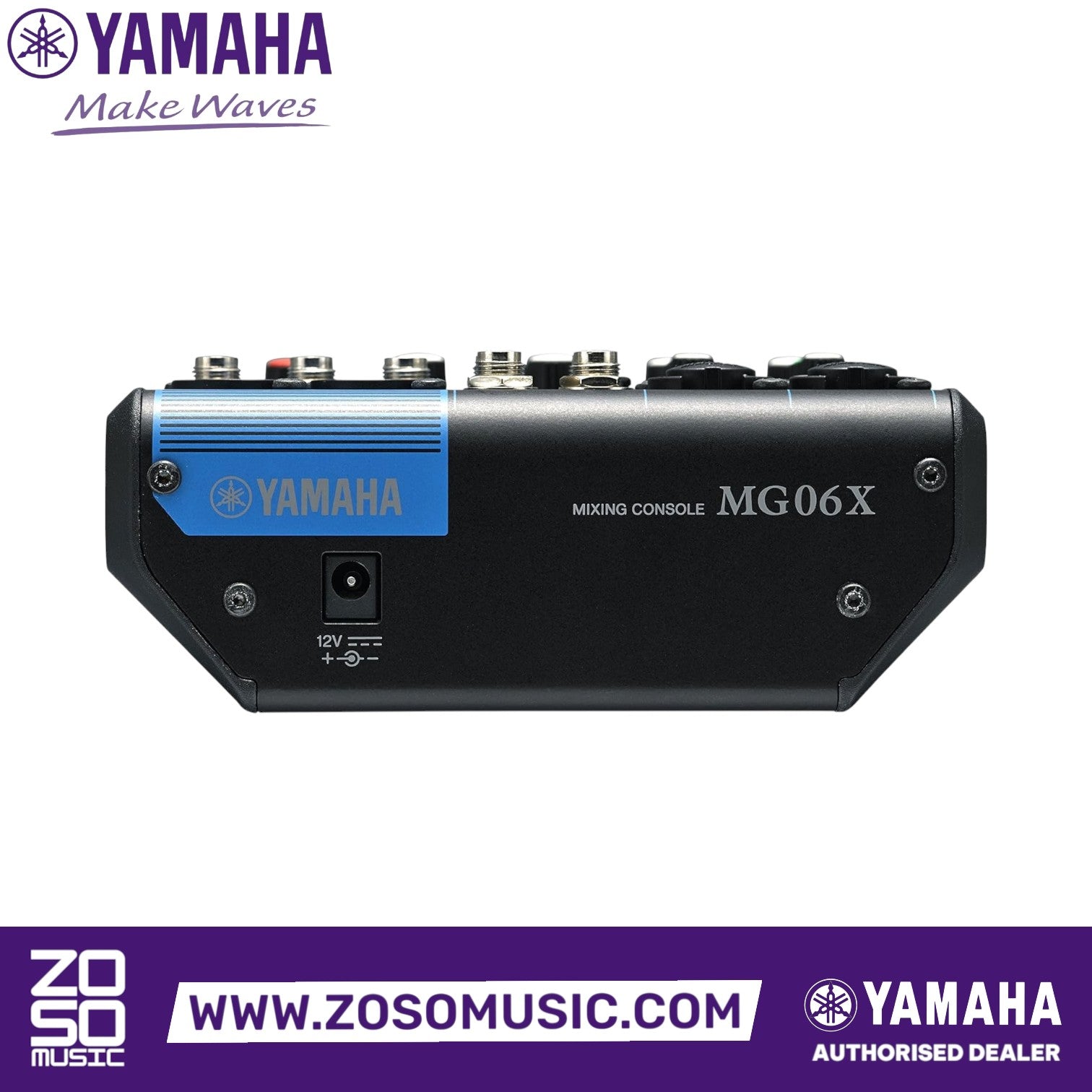 Zoso Music Yamaha MG06X 6-channel analog mixer rear panel view showing power input and connectivity ports