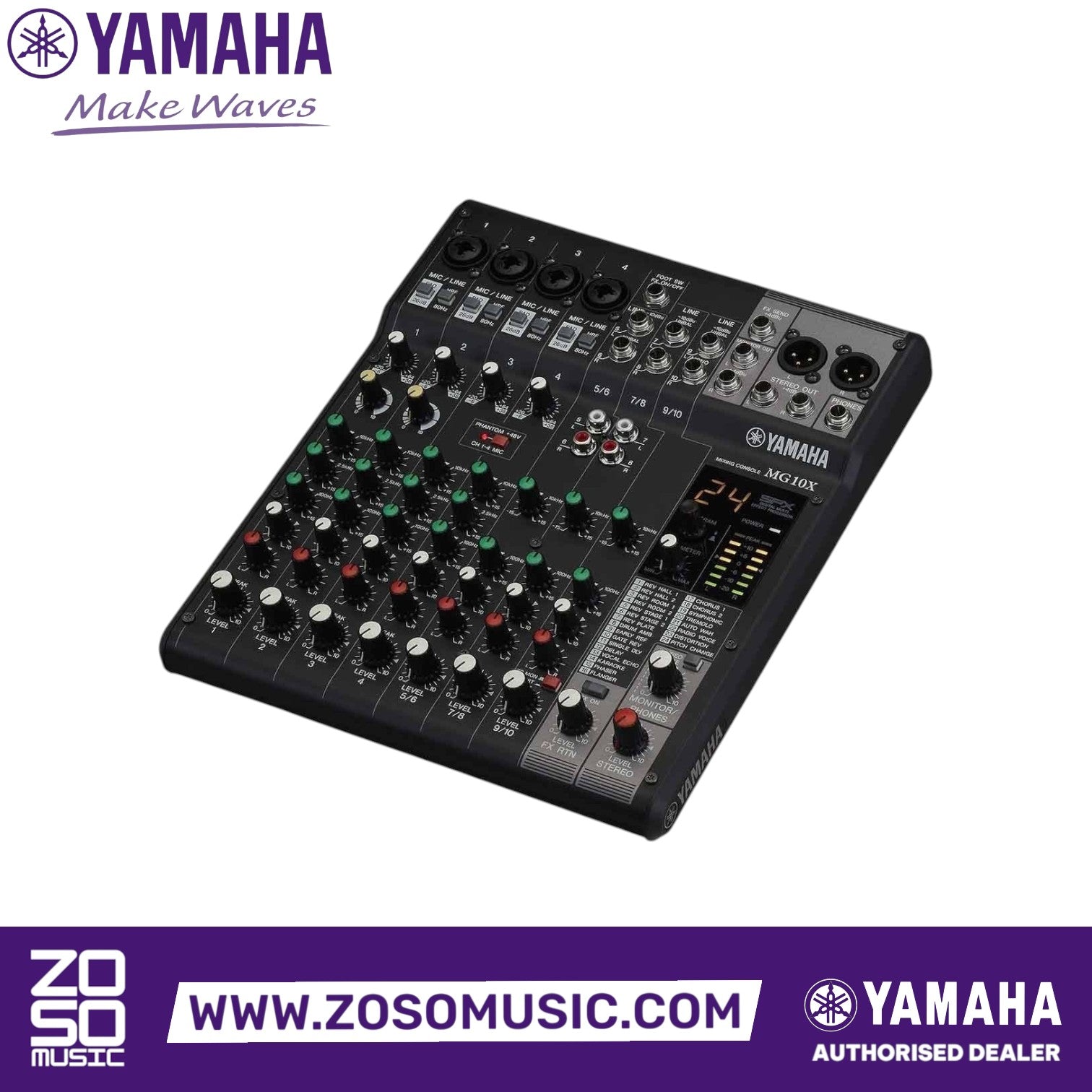 Zoso Music Yamaha MG10X 10-channel analog mixer with SPX effects, D-PRE preamps, and metal chassis in black.