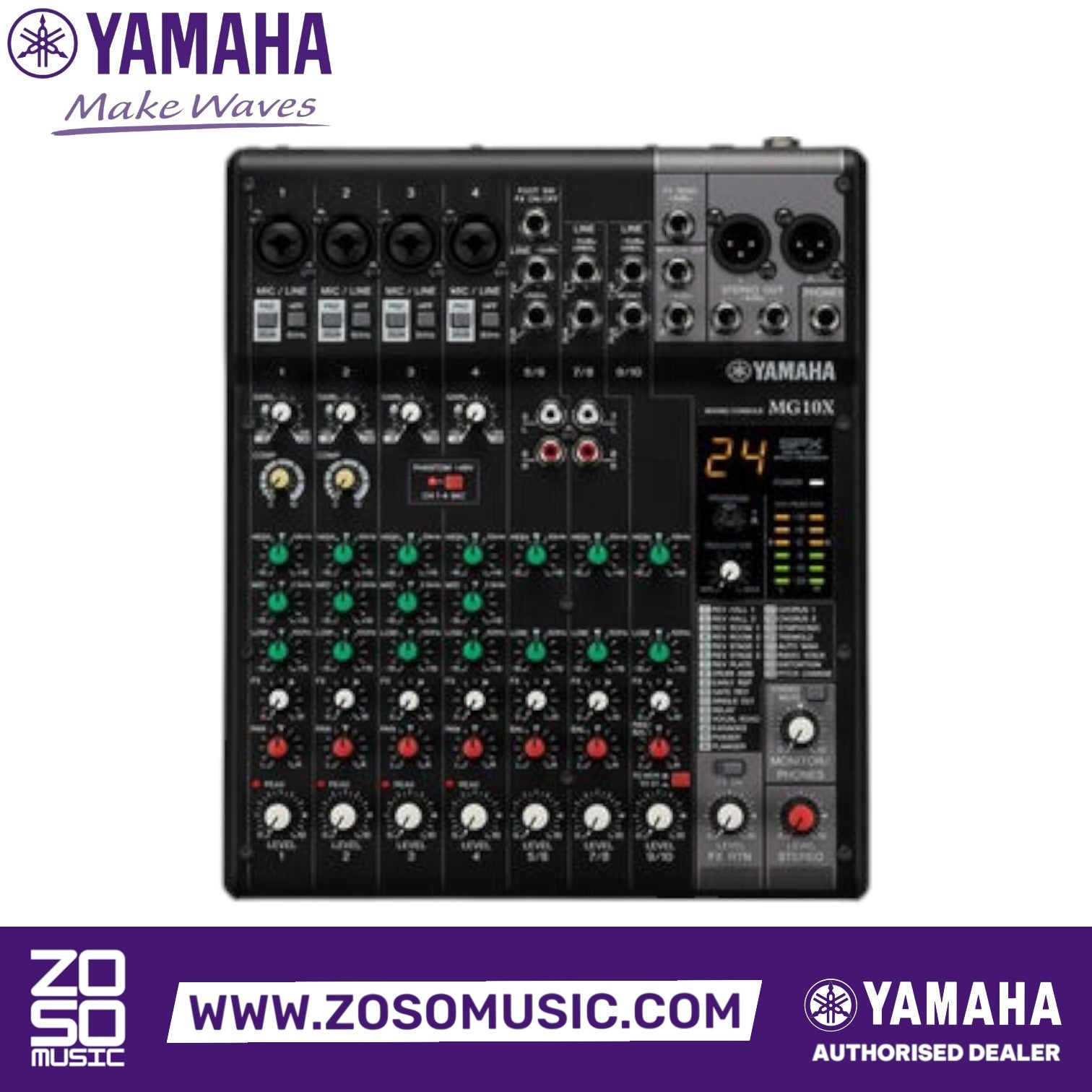 Zoso Music Yamaha MG10X 10-channel analog mixing console with SPX effects, D-PRE preamps, and metal chassis design.