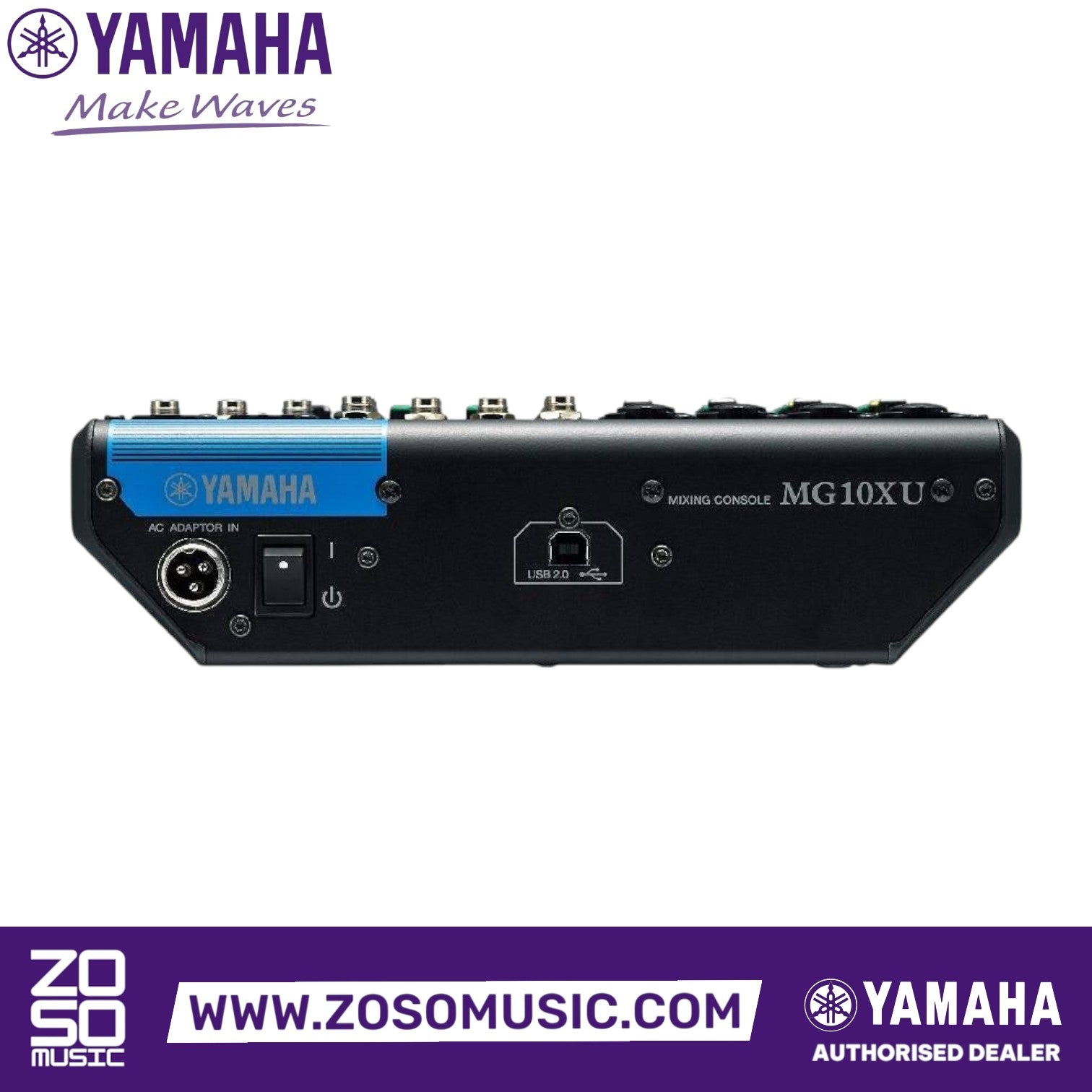 Zoso Music Yamaha MG10XU 10-channel analog mixer rear panel view showing USB 2.0 port and power input