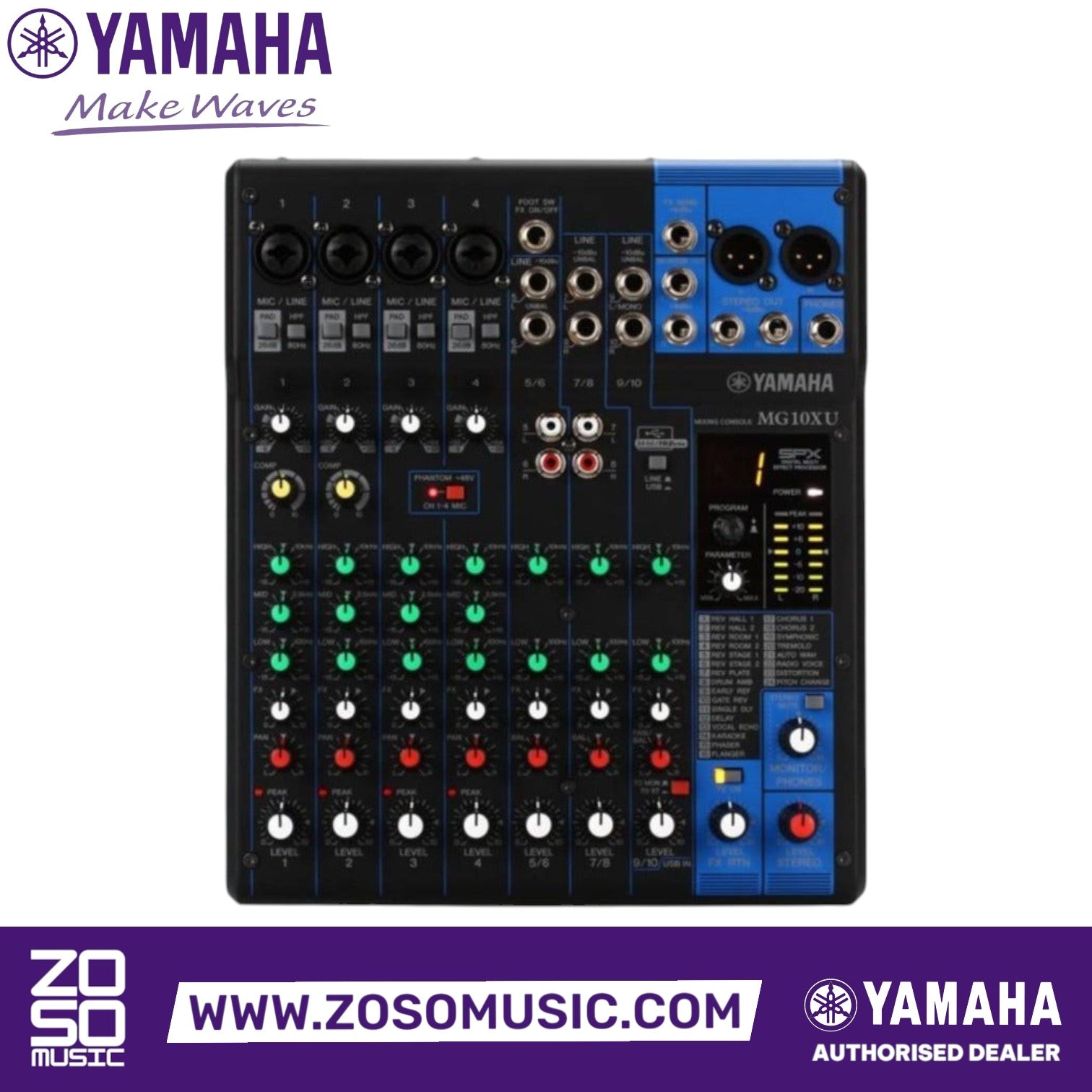 Zoso Music Yamaha MG10XU 10-channel analog mixer with D-PRE preamps, onboard SPX effects, and USB interface