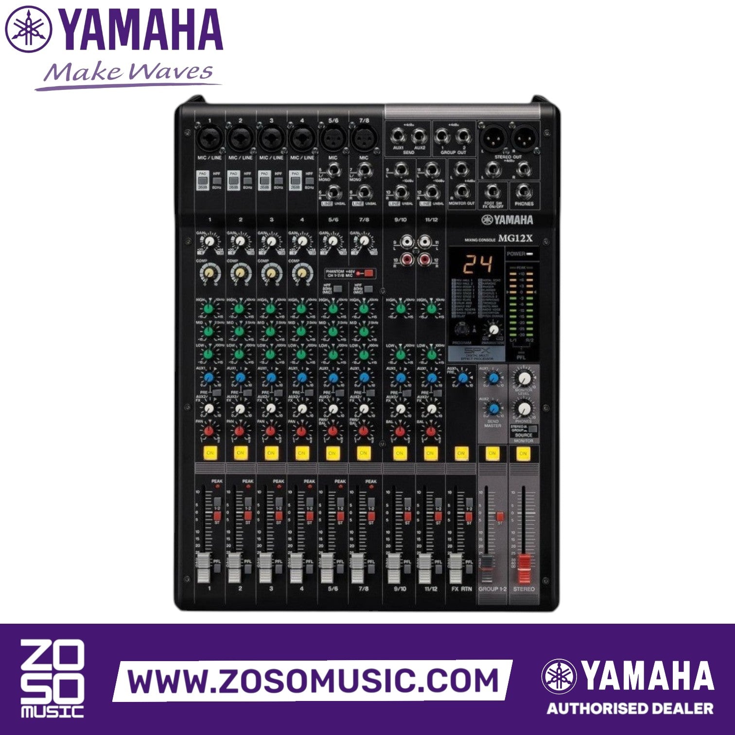 Zoso Music Yamaha MG12X 12-channel analog mixer with digital effects and metal chassis in black