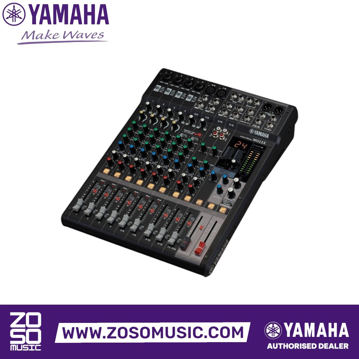 Zoso Music Yamaha MG12X 12-channel analog mixer with built-in digital effects and metal chassis in a studio setting