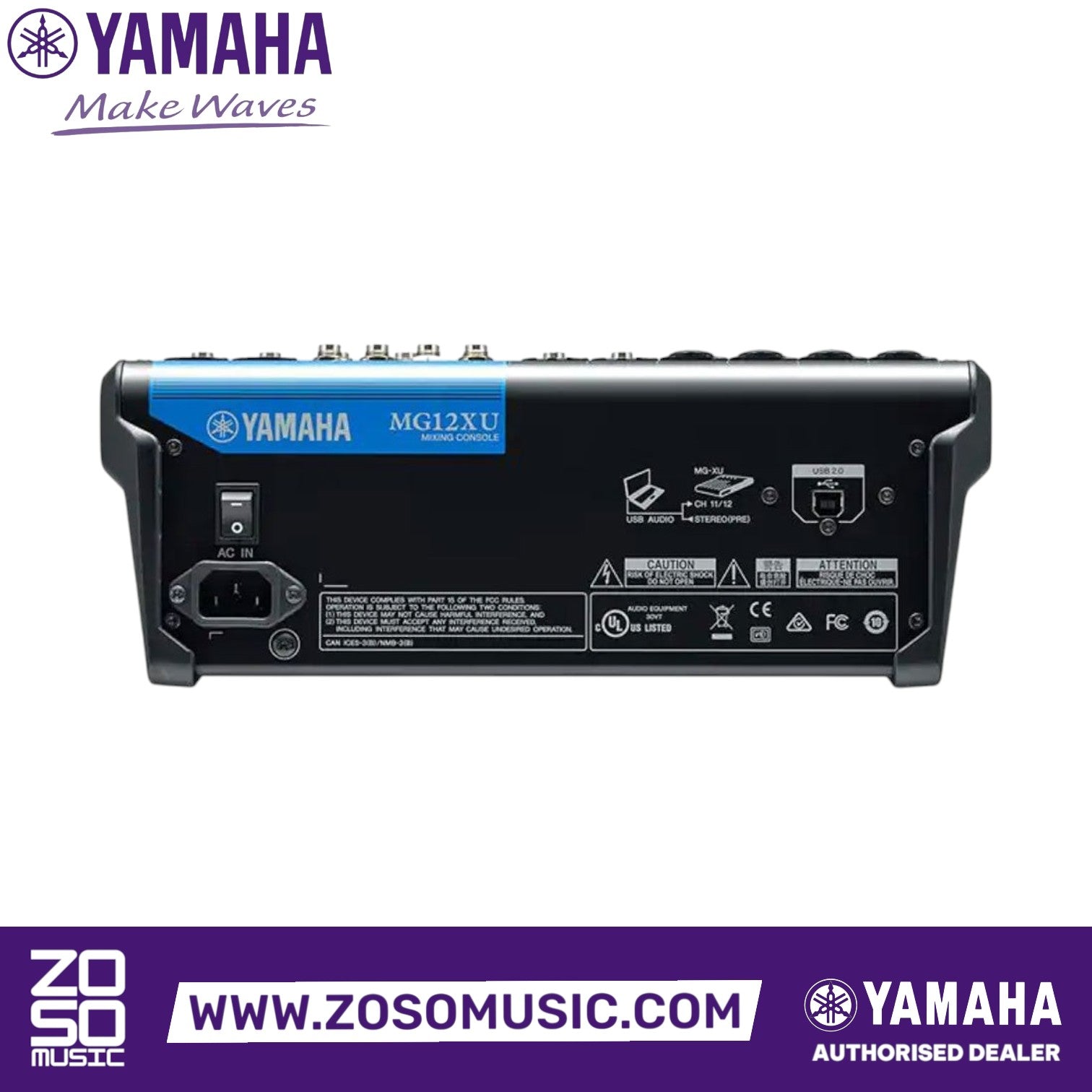 Zoso Music Yamaha MG12XU 12-channel analog mixer rear panel view showing USB and power ports