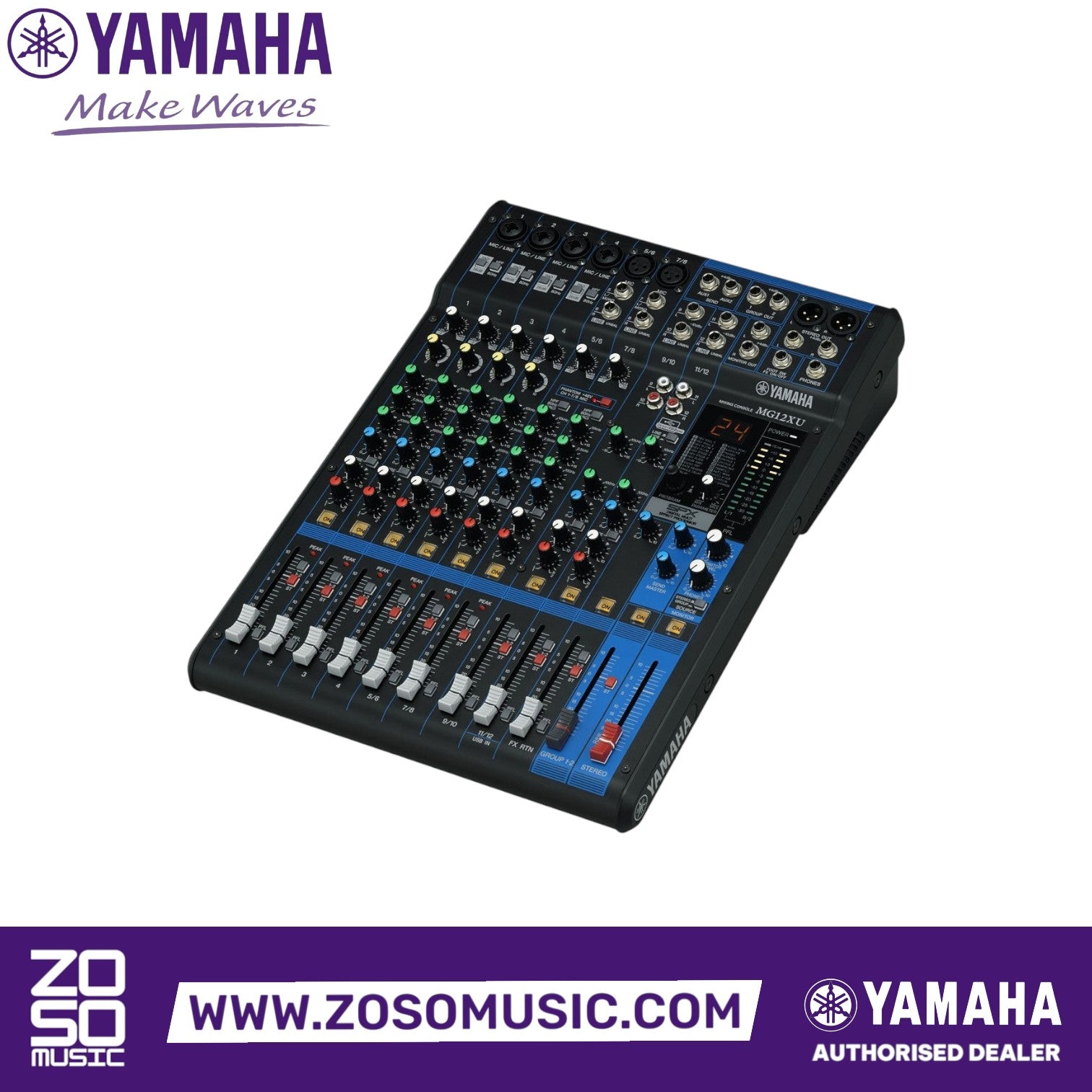 Zoso Music Yamaha MG12XU 12-channel analog mixer with SPX digital effects and USB interface in a black metal chassis
